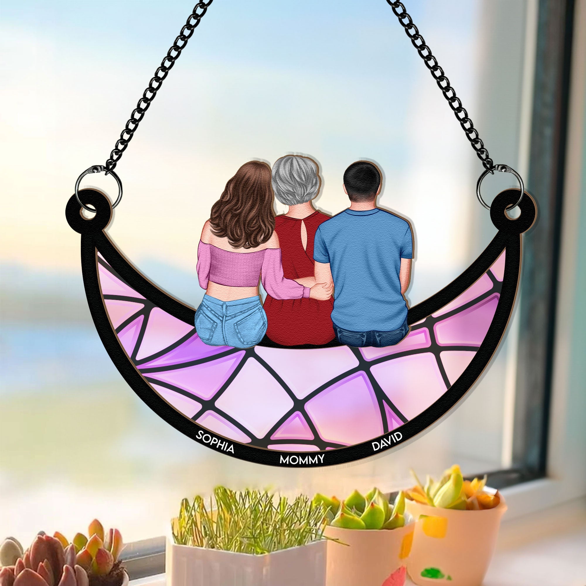 Mom, Children Sitting On The Moon - Personalized Window Hanging Suncatcher Ornament