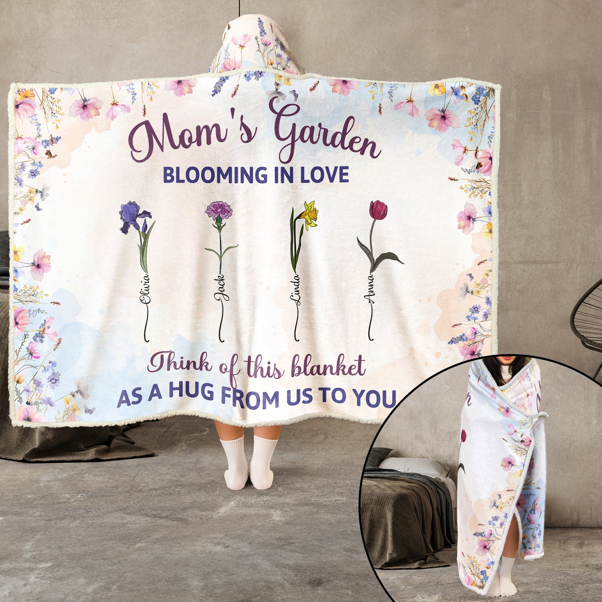 Mom's Garden Blooming In Love - Personalized Wearable Blanket Hoodie