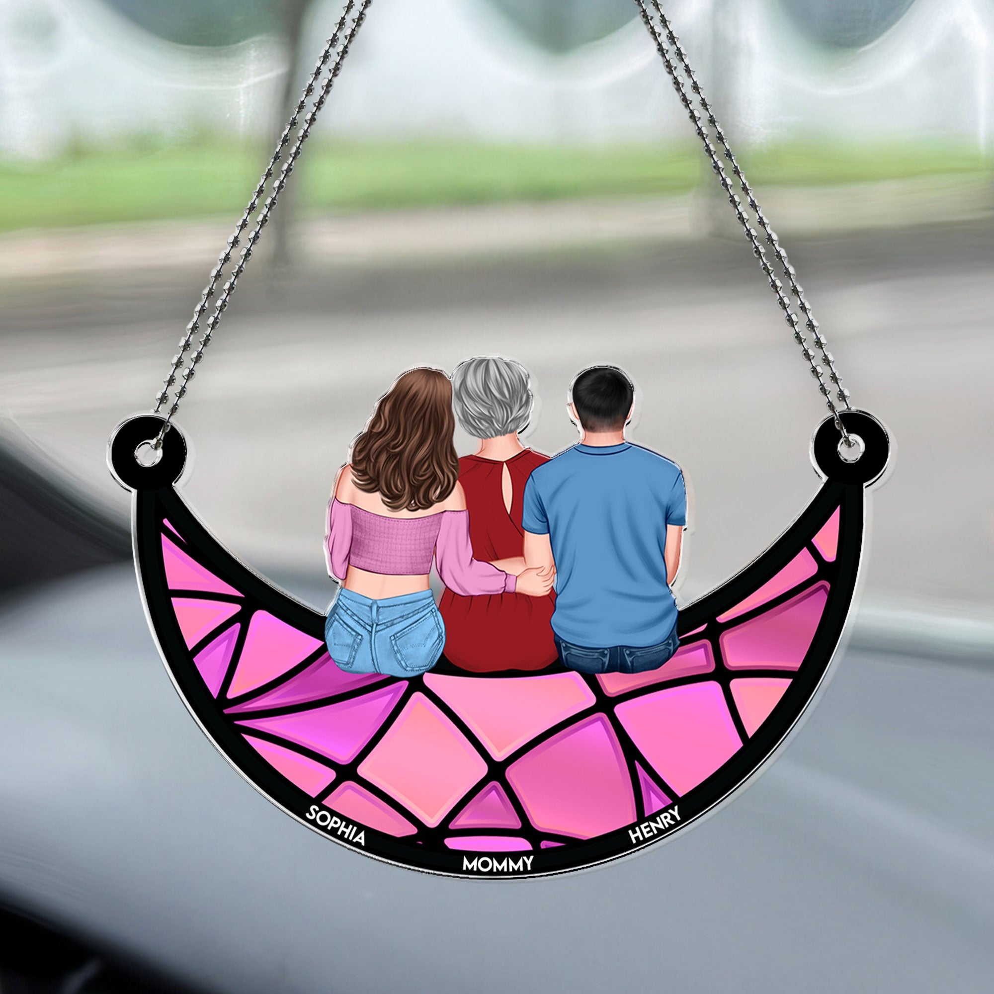 Mommy & Children On The Moon - Personalized Rear View Mirror Accessory