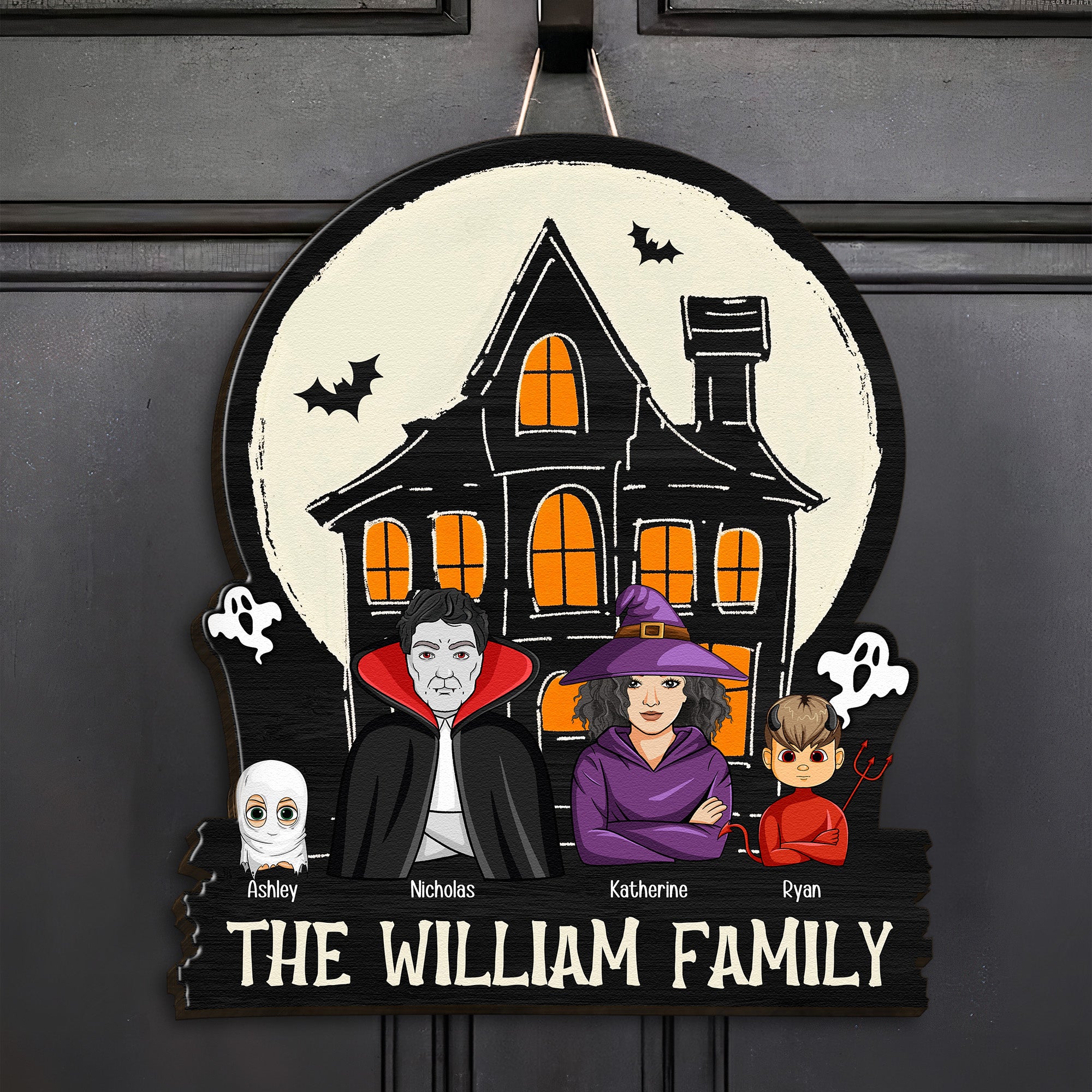 Monster Family In Halloween Haunted Home - Personalized Wood Sign