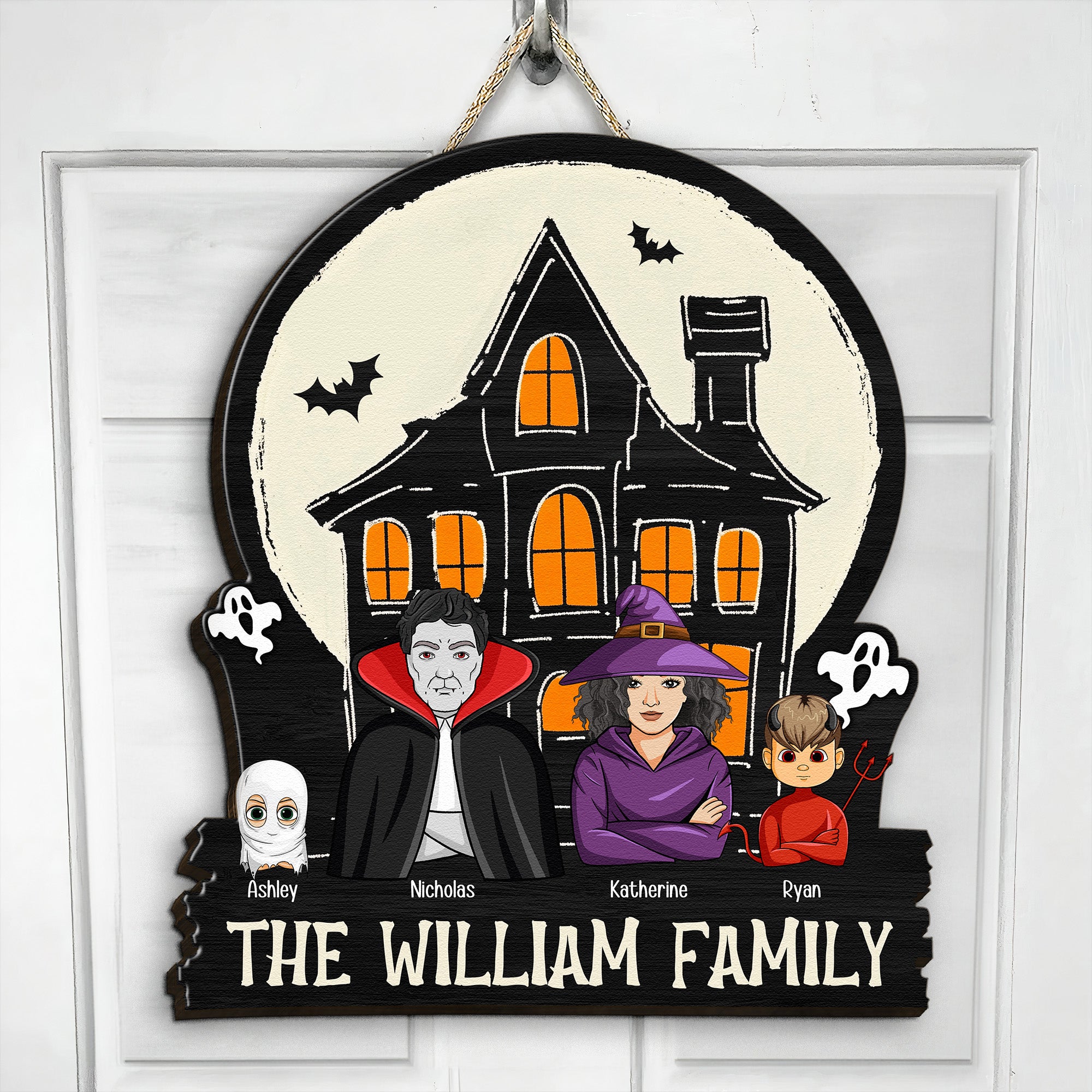 Monster Family In Halloween Haunted Home - Personalized Wood Sign