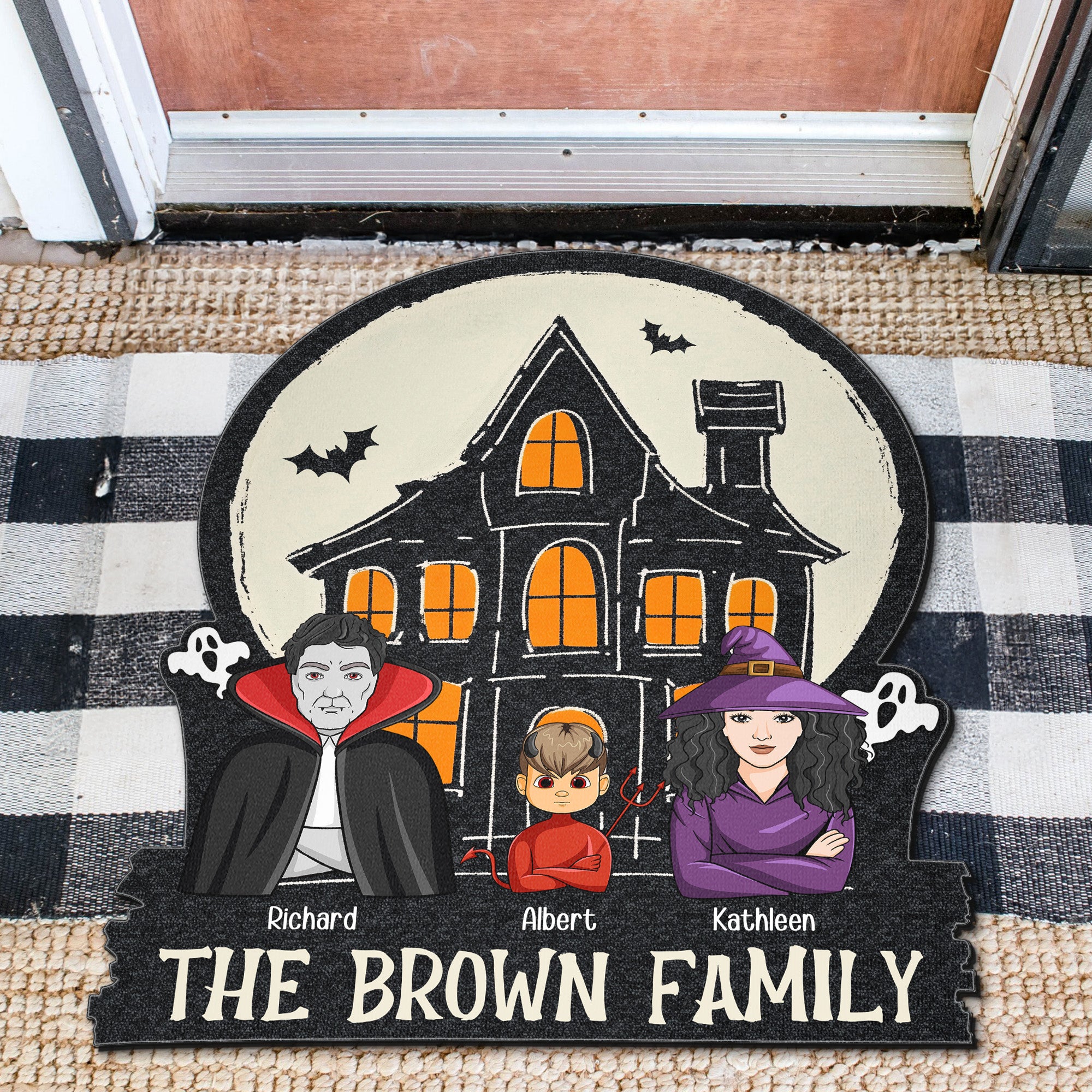 Monster Family In Halloween Haunted House - Personalized Doormat