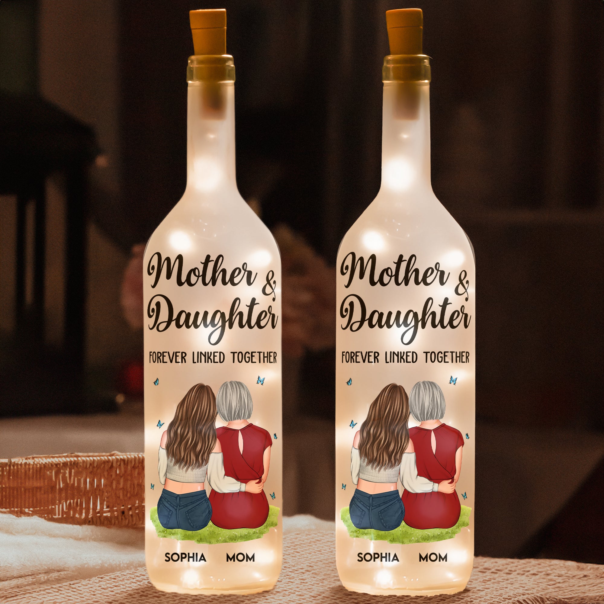 Mother And Daughter Forever Linked Together - Personalized Bottle Lamp