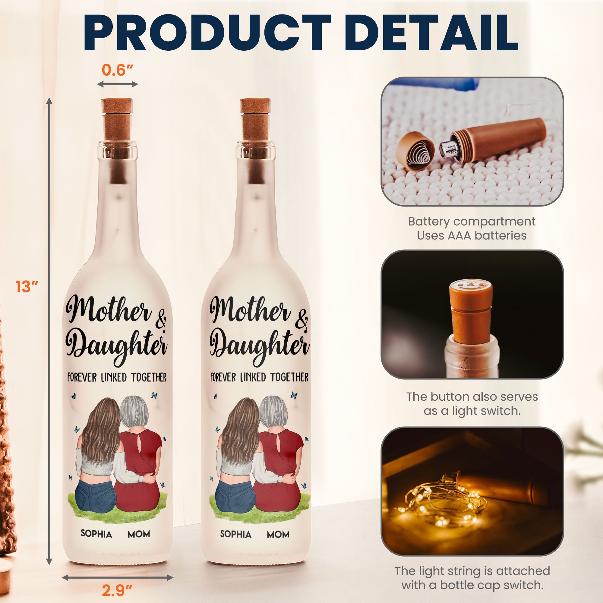 Mother And Daughter Forever Linked Together - Personalized Bottle Lamp