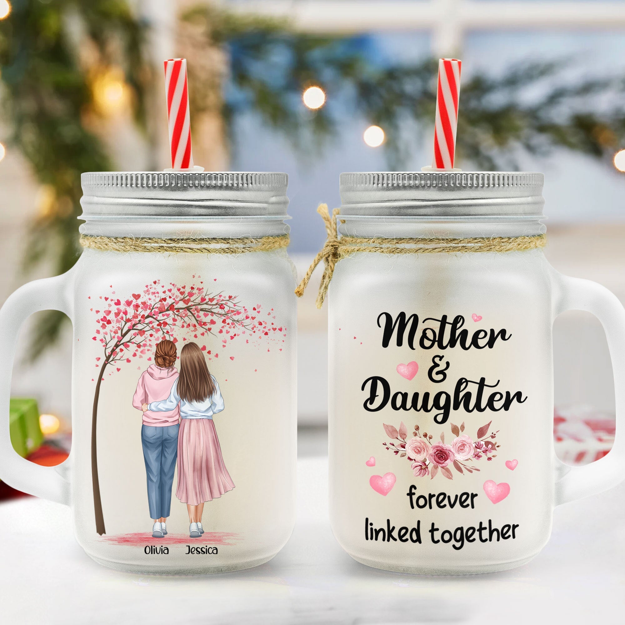 Mother And Daughters - Personalized Mason Jar Cup With Straw