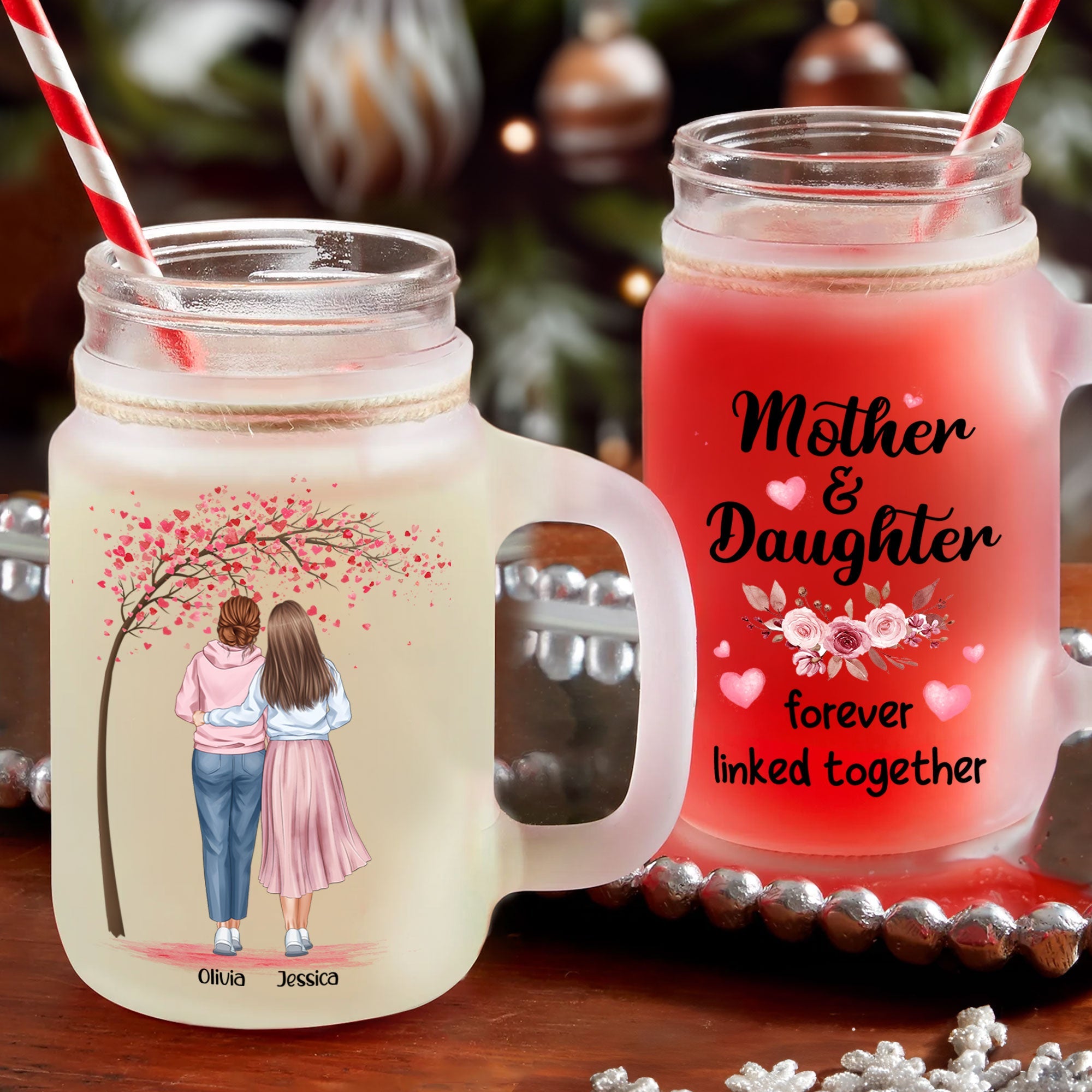 Mother And Daughters - Personalized Mason Jar Cup With Straw