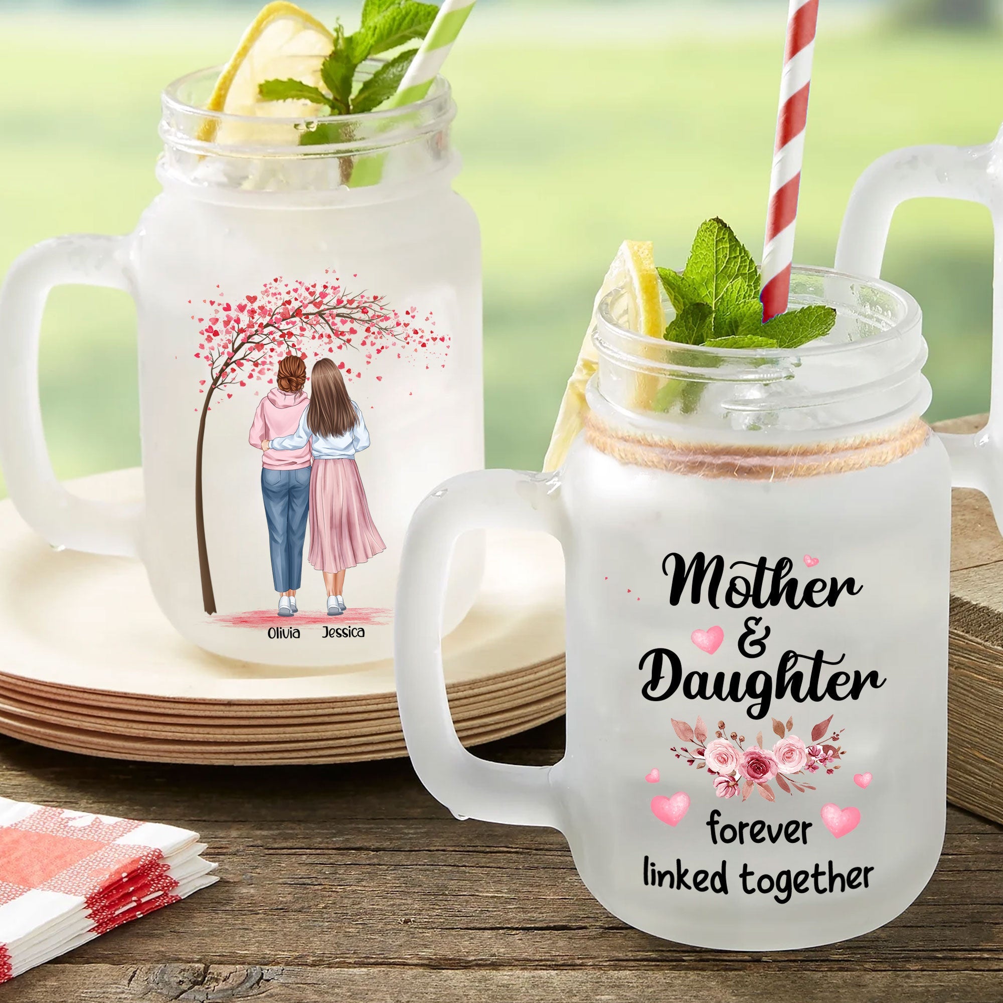 Mother And Daughters - Personalized Mason Jar Cup With Straw