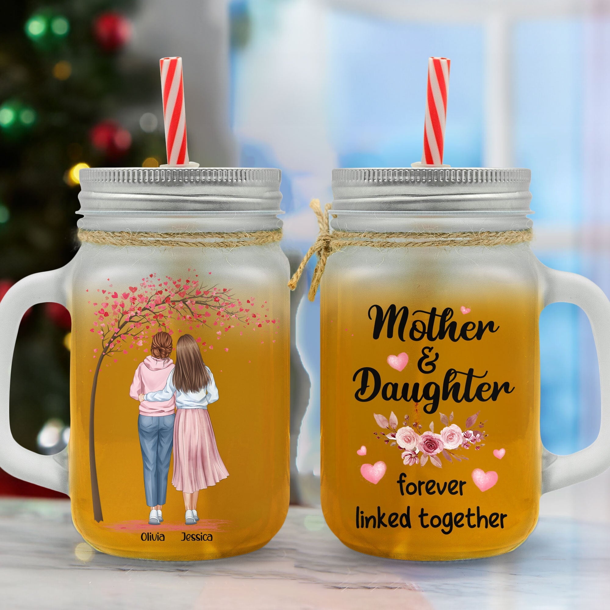 Mother And Daughters - Personalized Mason Jar Cup With Straw