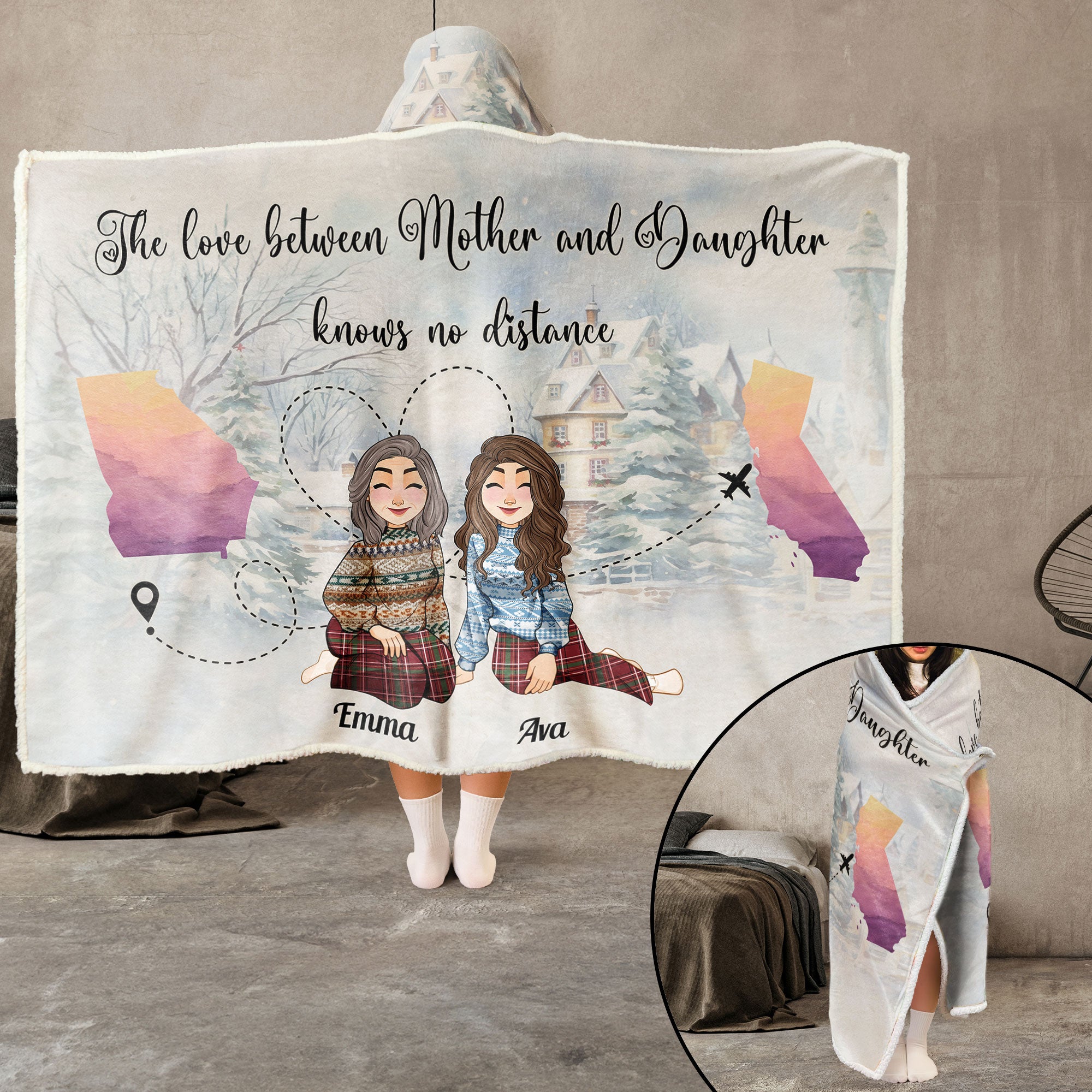 Mother Daughter Love Knows No Distance - Personalized Wearable Blanket Hoodie