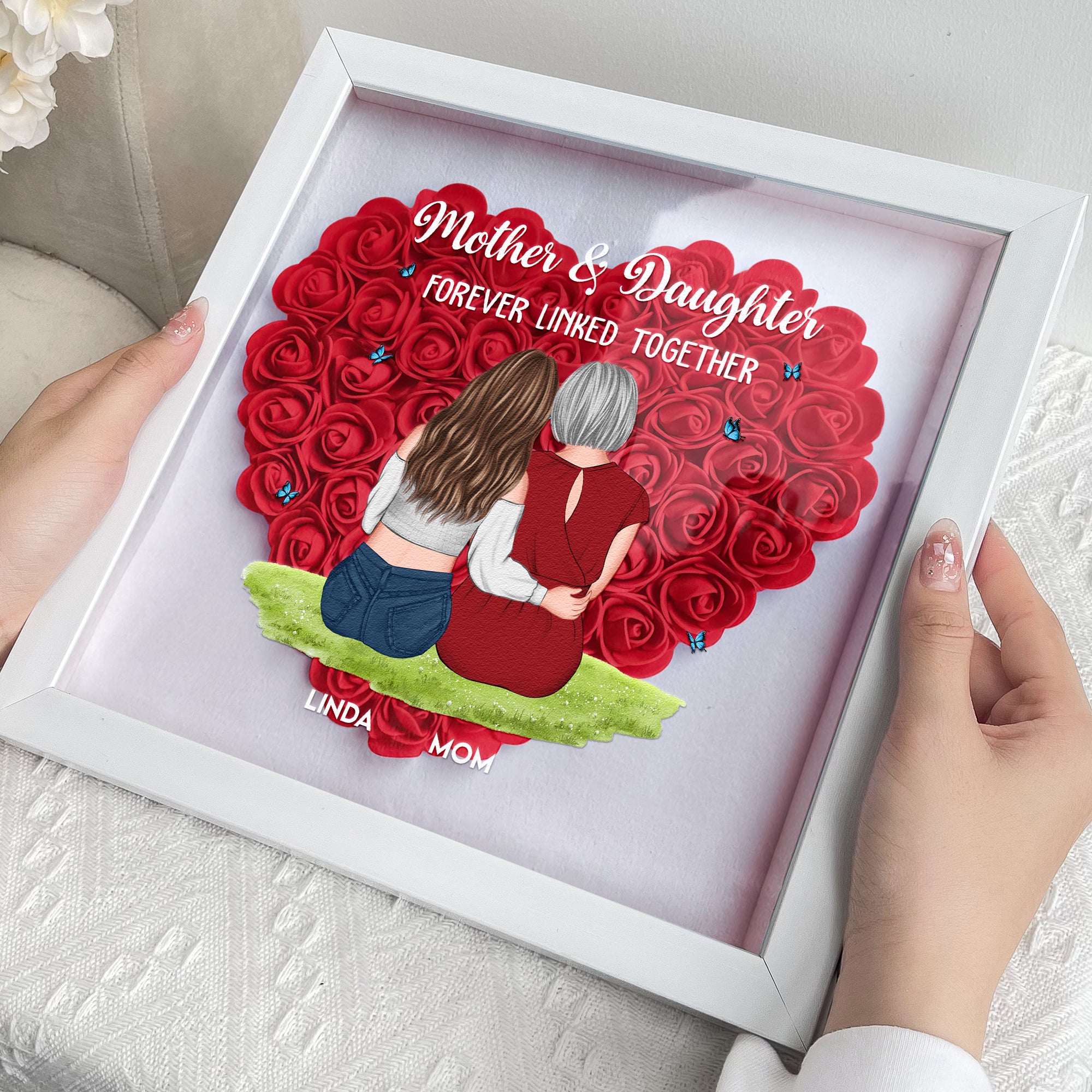 Mother & Daughter Forever Linked Together - Personalized Flower Shadow Box