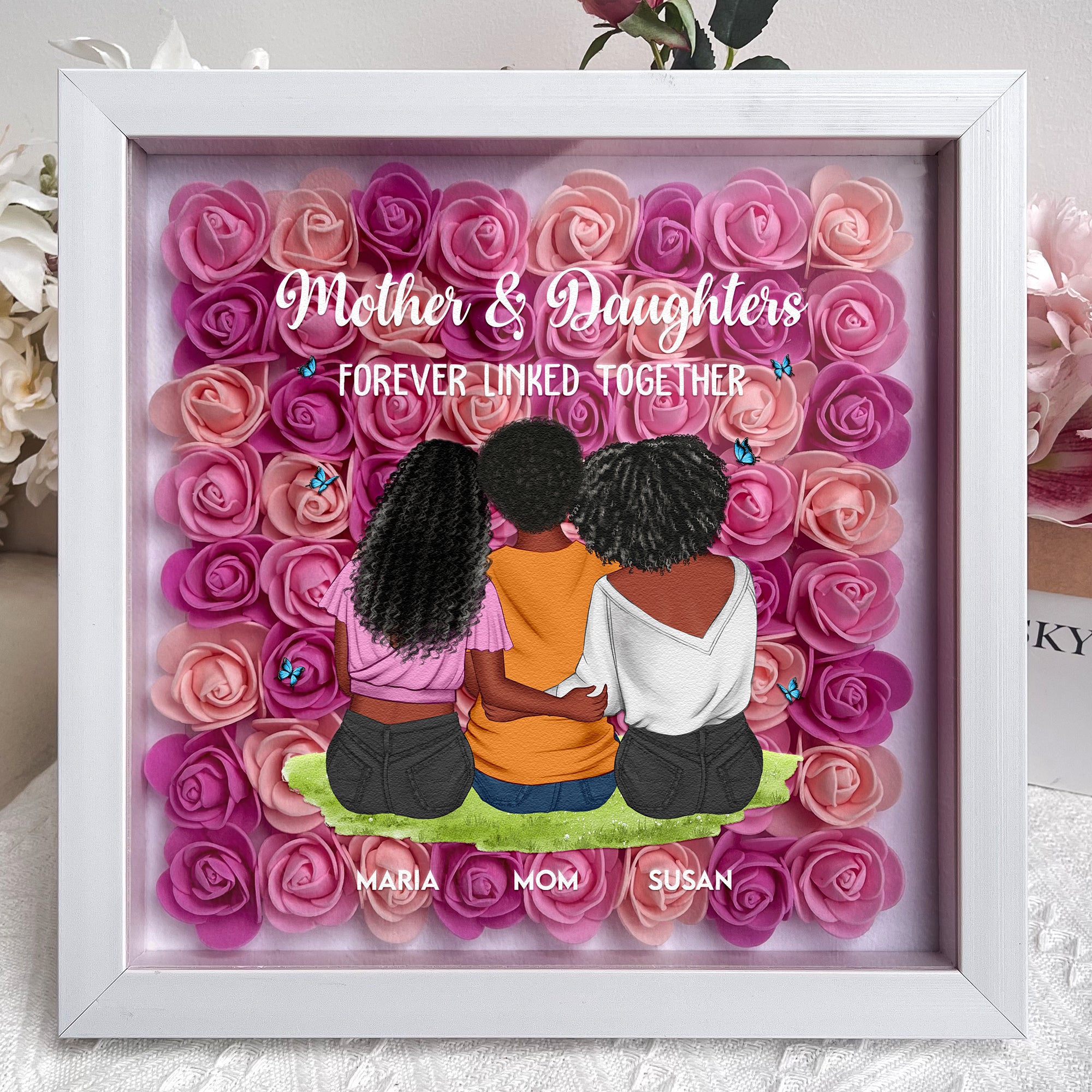 Mother & Daughter Forever Linked Together - Personalized Flower Shadow Box