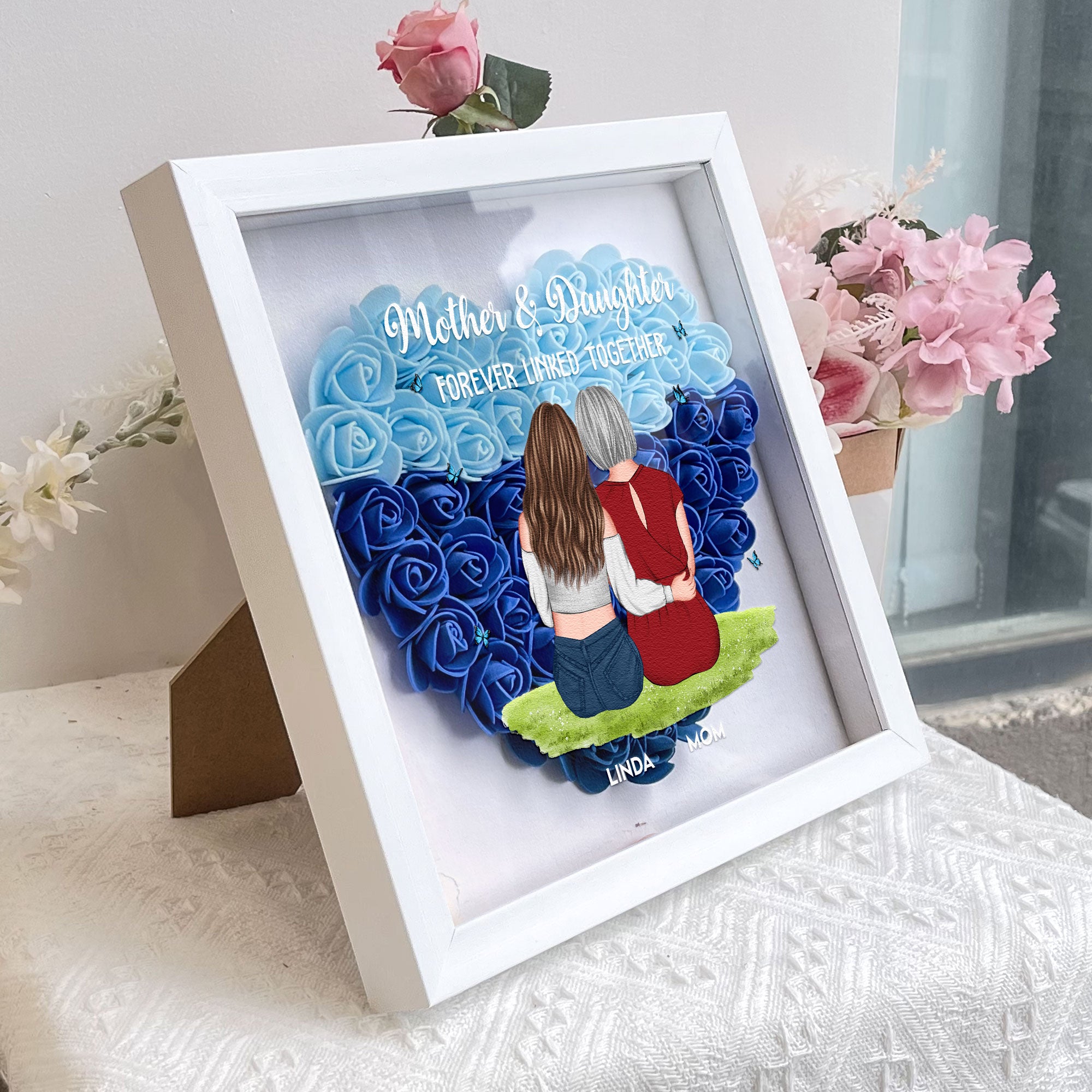 Mother & Daughter Forever Linked Together - Personalized Flower Shadow Box