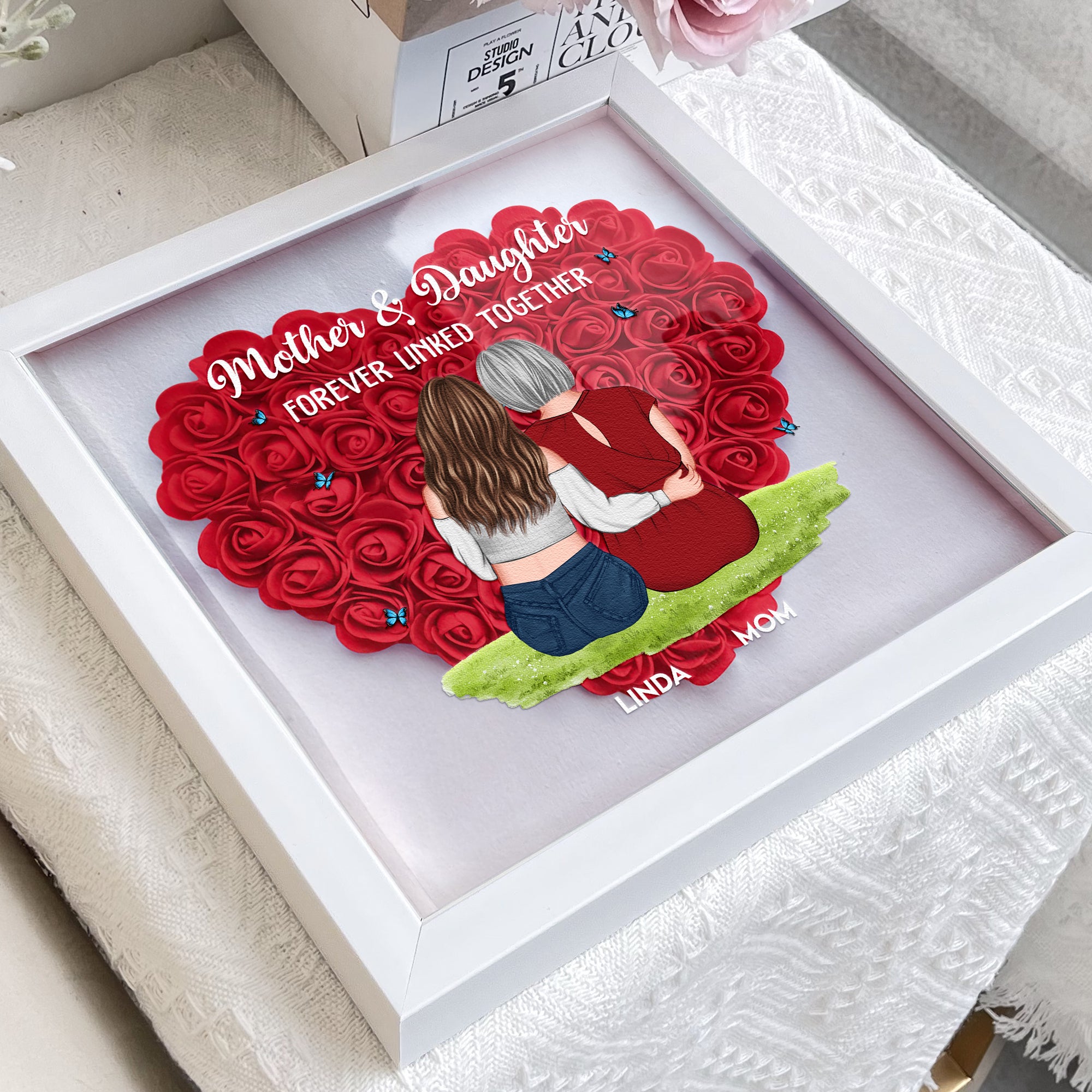 Mother & Daughter Forever Linked Together - Personalized Flower Shadow Box