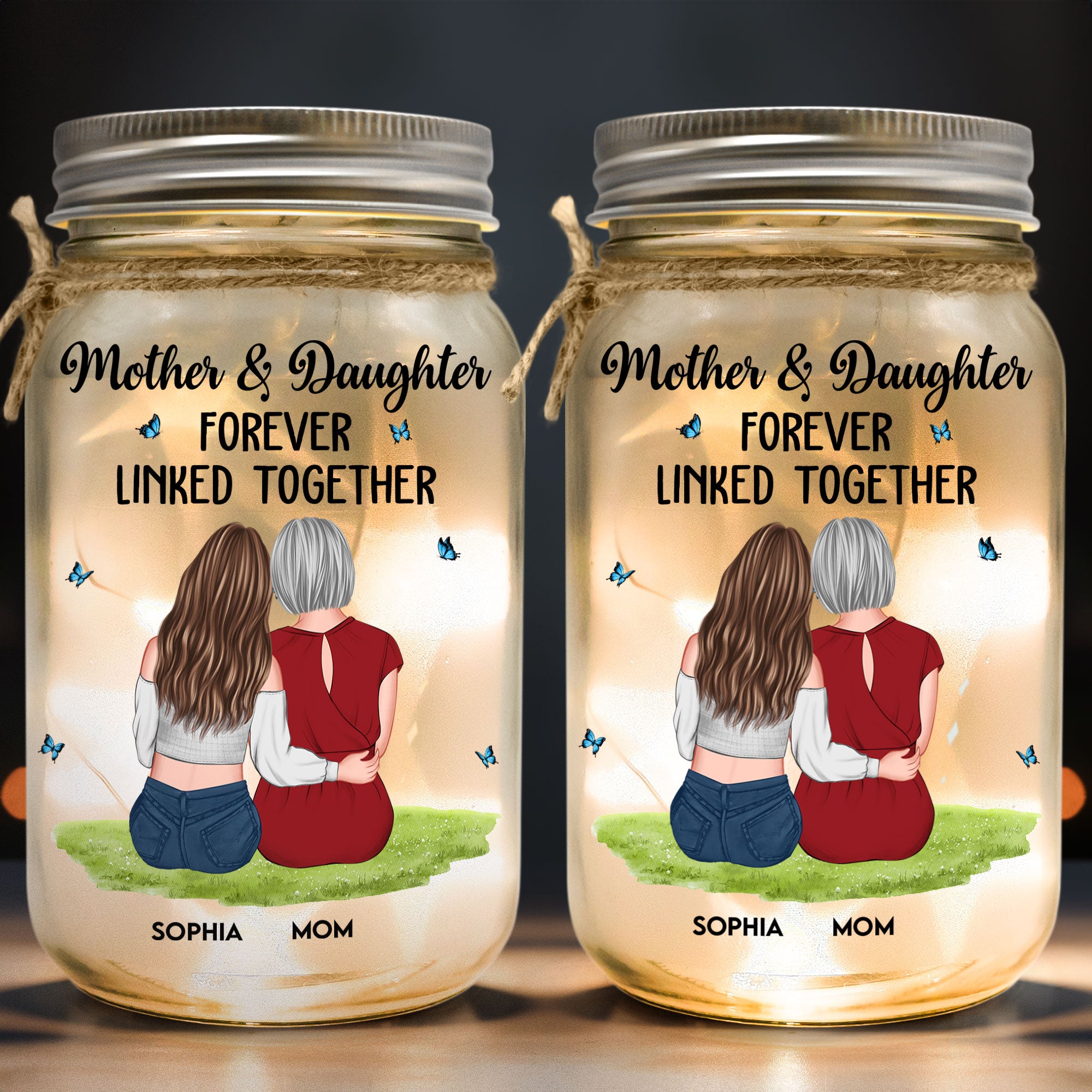 Mother & Daughter Forever Linked Together - Personalized Mason Jar Light