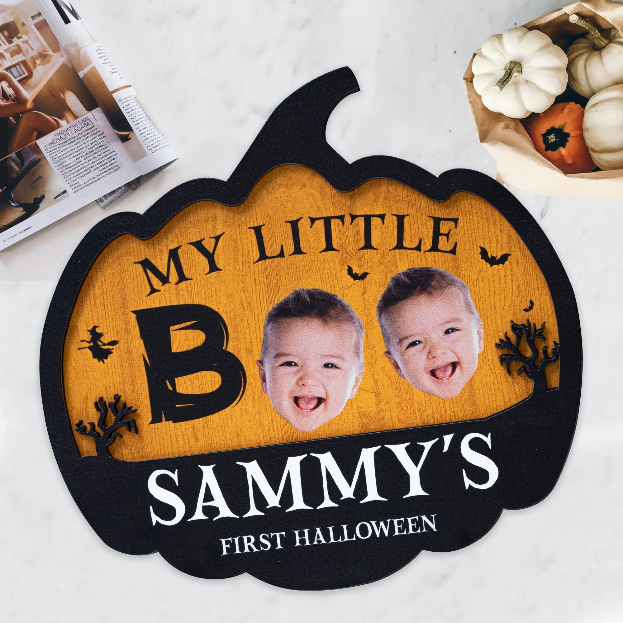 My Little Boo Baby First Halloween Pumpkin Shape - Personalized Photo Wooden Plaque