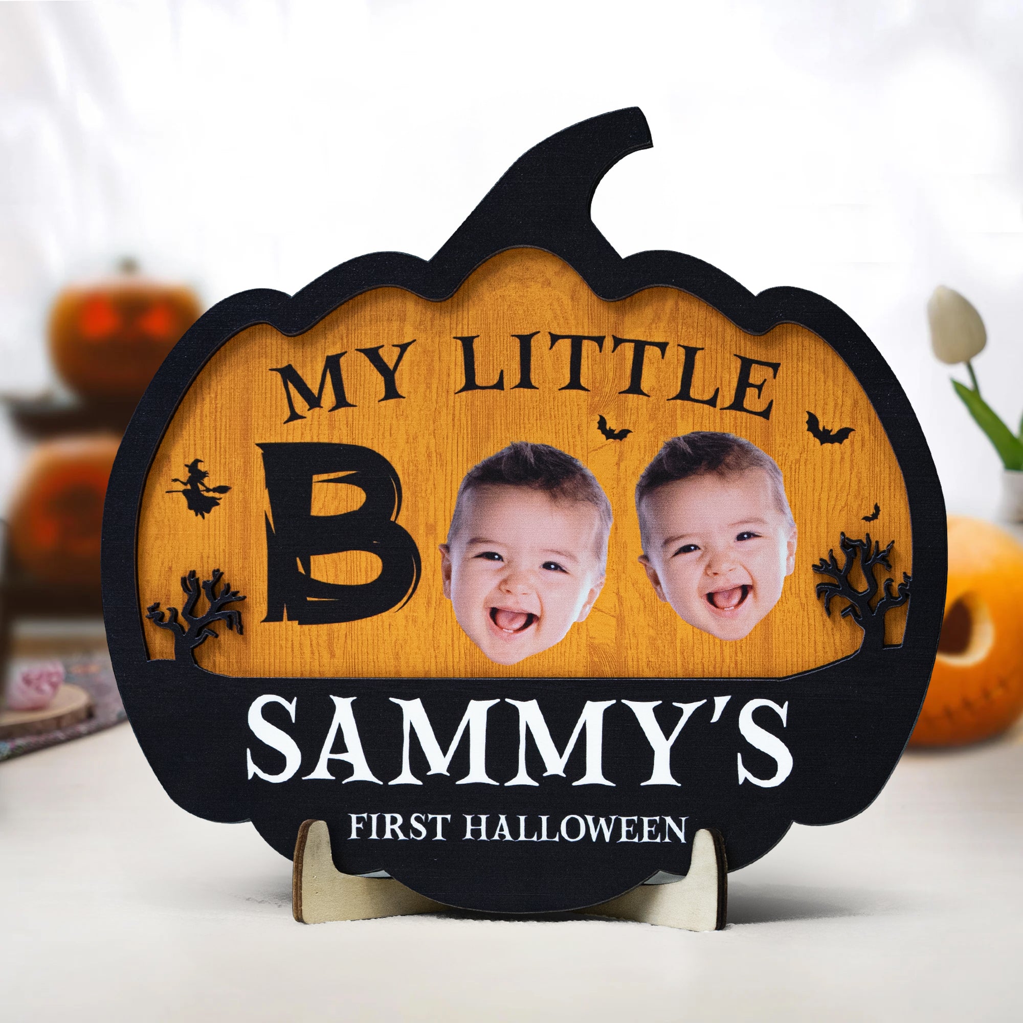 My Little Boo Baby First Halloween Pumpkin Shape - Personalized Photo Wooden Plaque