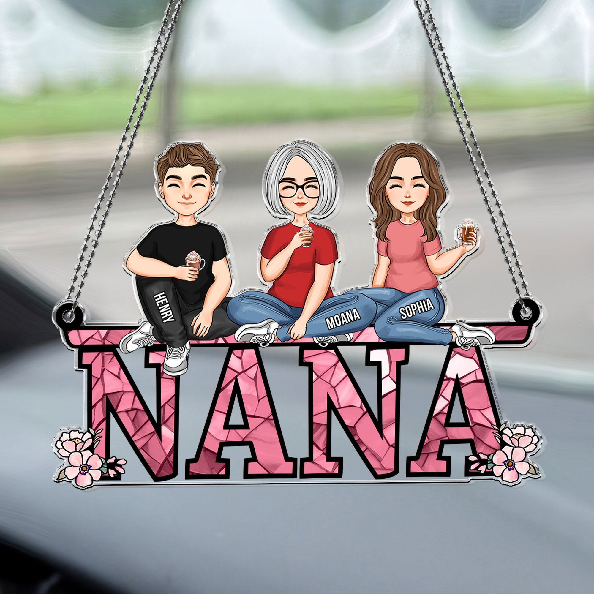 Nana - Children, Sitting Together - Personalized Rear View Mirror Accessory