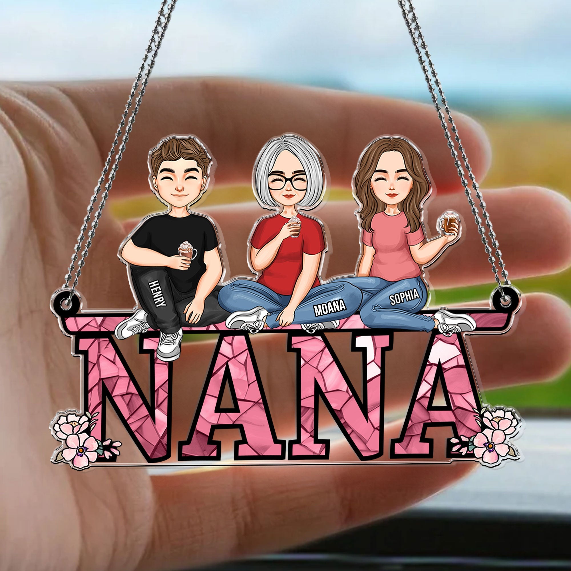 Nana - Children, Sitting Together - Personalized Rear View Mirror Accessory