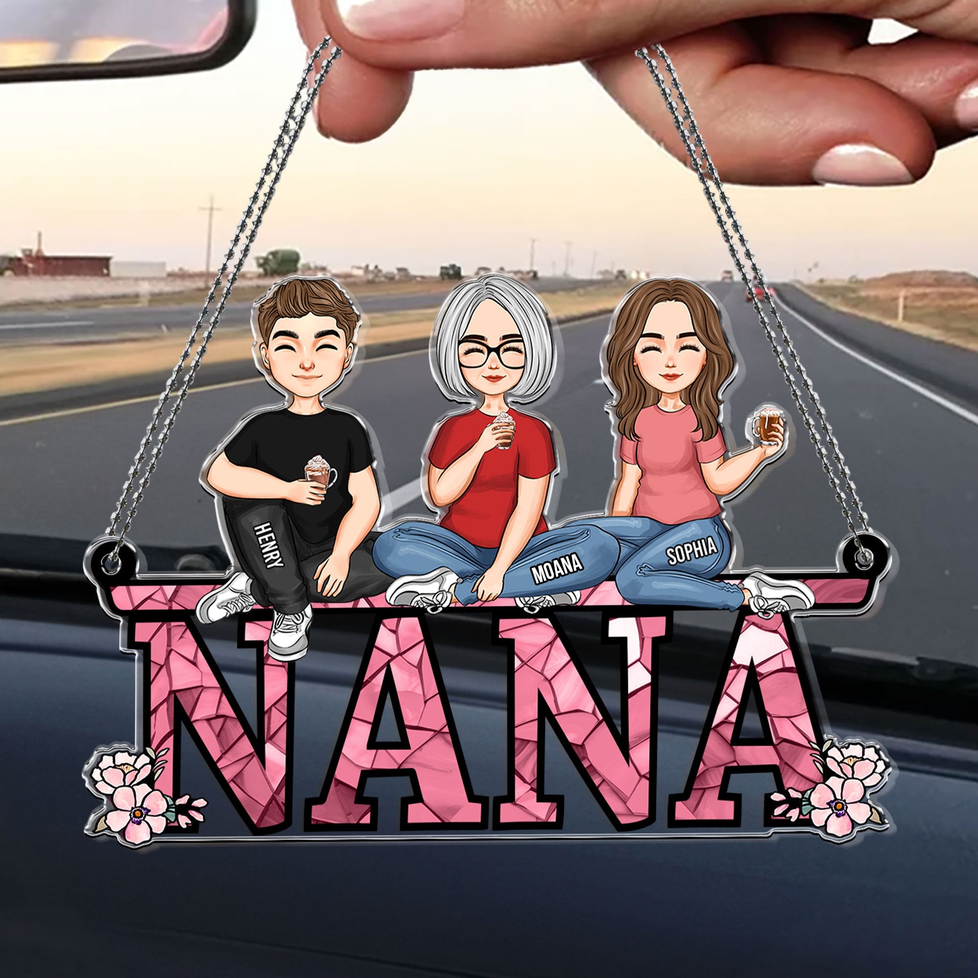 Nana - Children, Sitting Together - Personalized Rear View Mirror Accessory