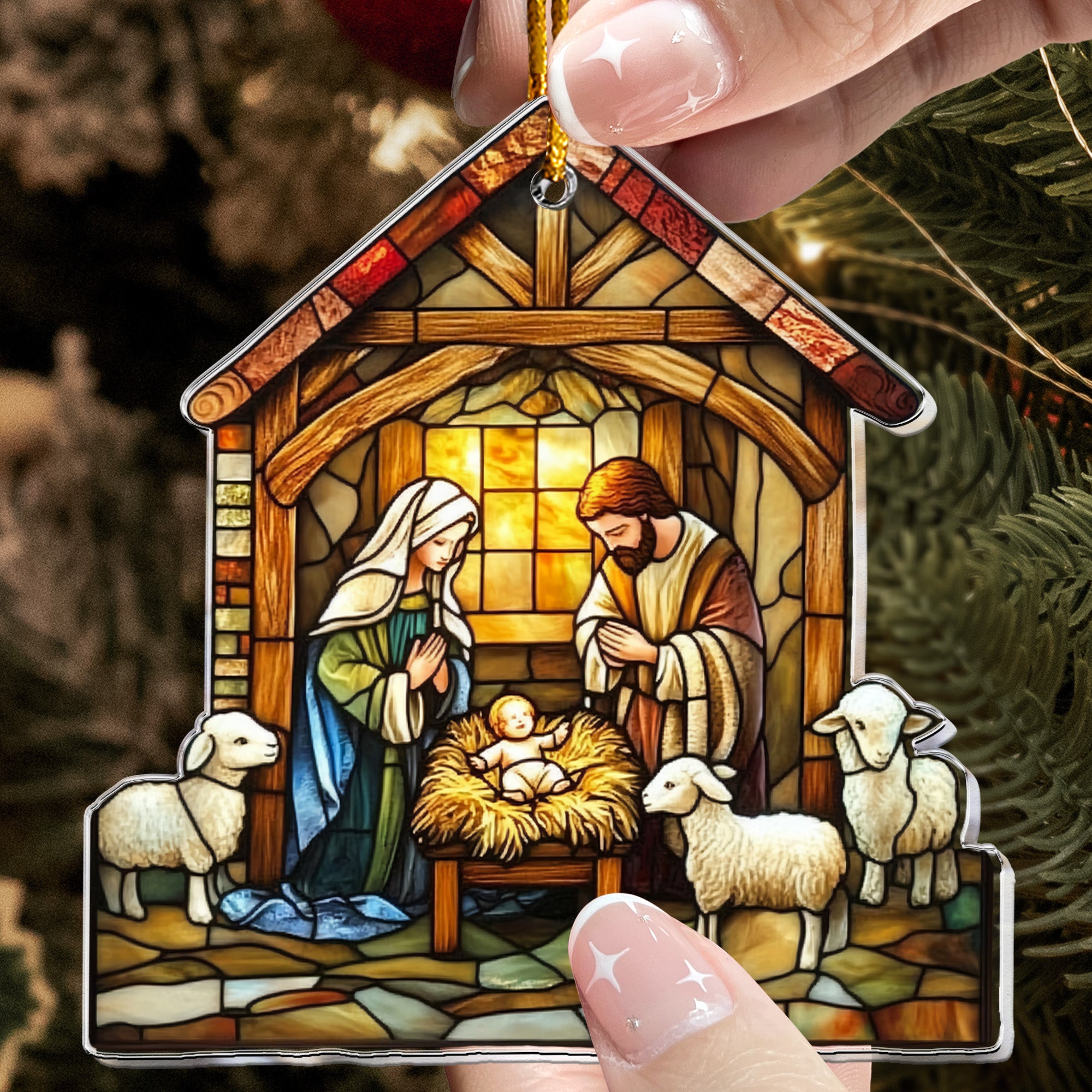 Nativity Scene Christmas Ornament Stained Glass Style - Personalized Acrylic Ornament