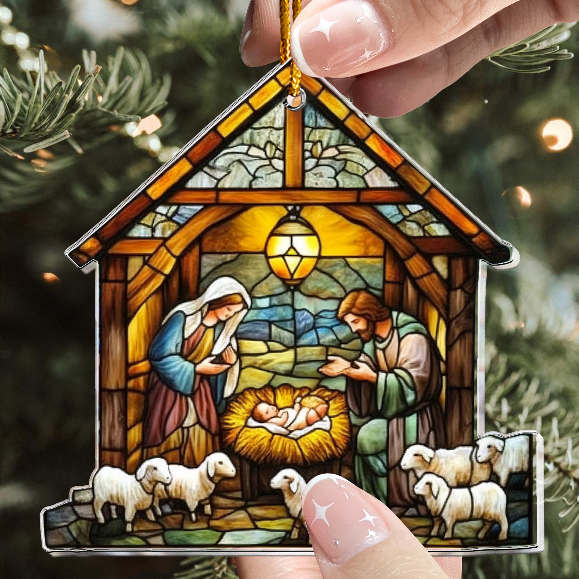 Nativity Scene Christmas Ornament Stained Glass Style - Personalized Acrylic Ornament