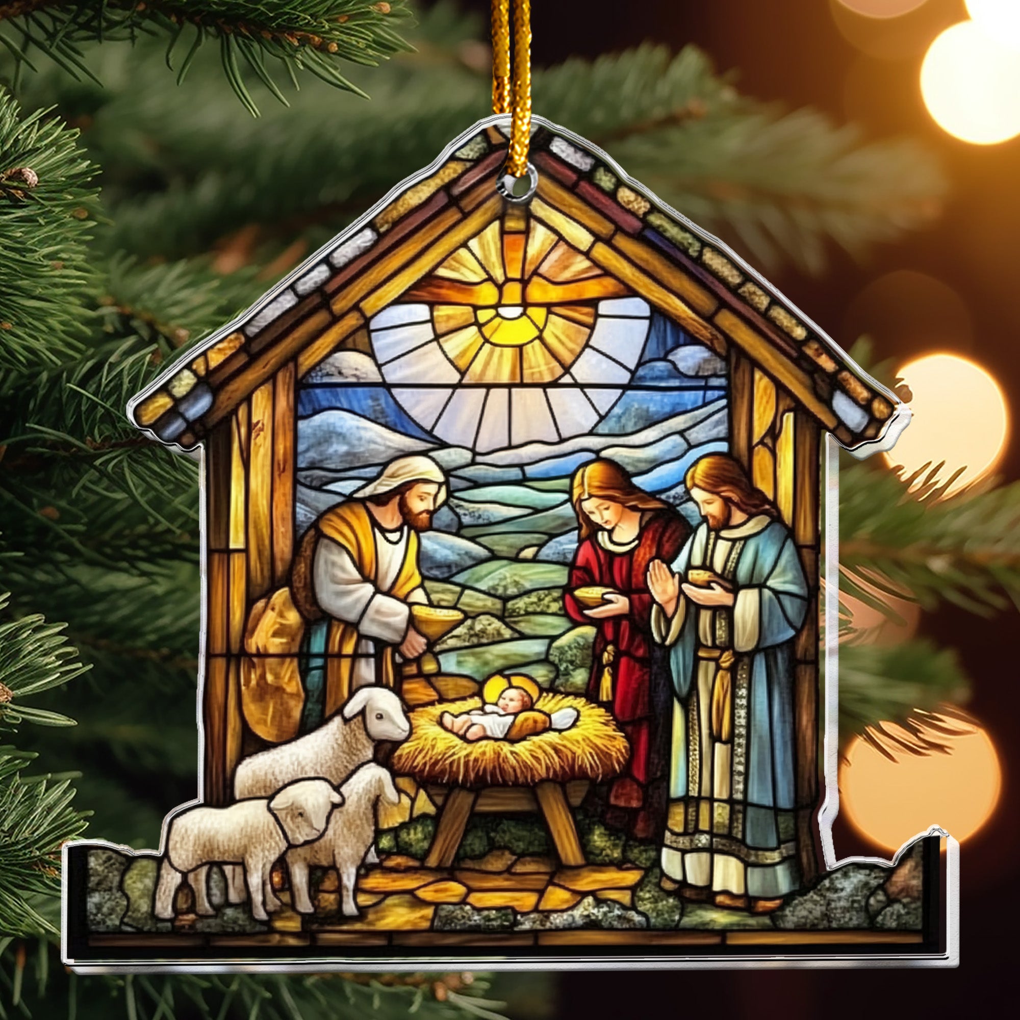 Nativity Scene Christmas Ornament Stained Glass Style - Personalized Acrylic Ornament