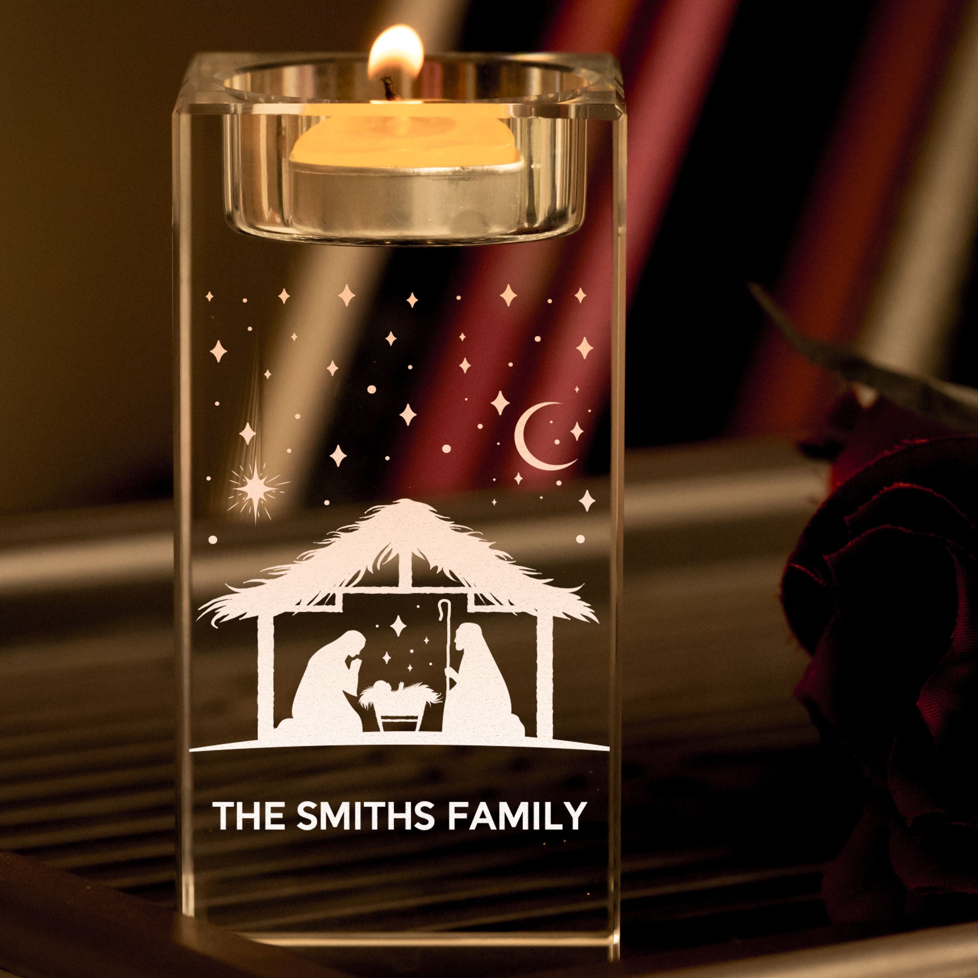 Nativity Scene Family Names - Personalized 2D Crystal Candle Holder