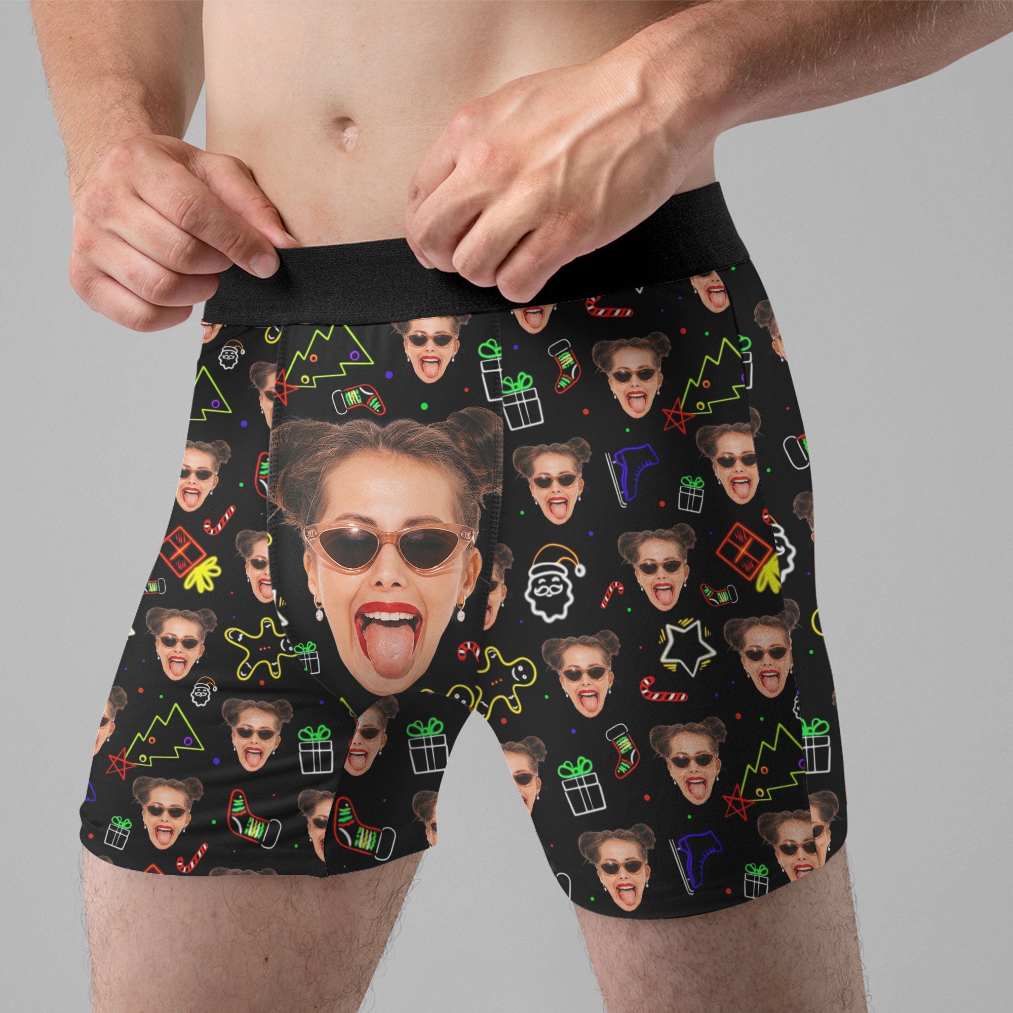 Neon Christmas Custom Face Funny - Personalized Photo Men's Boxer Briefs