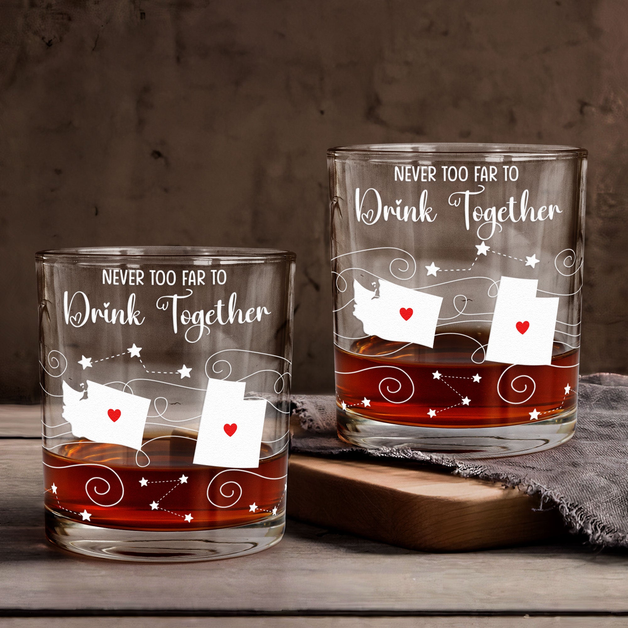 Never Too Far To Drink Together - Custom Multi Map - Long Distance Gifts - Personalized Whiskey Glass