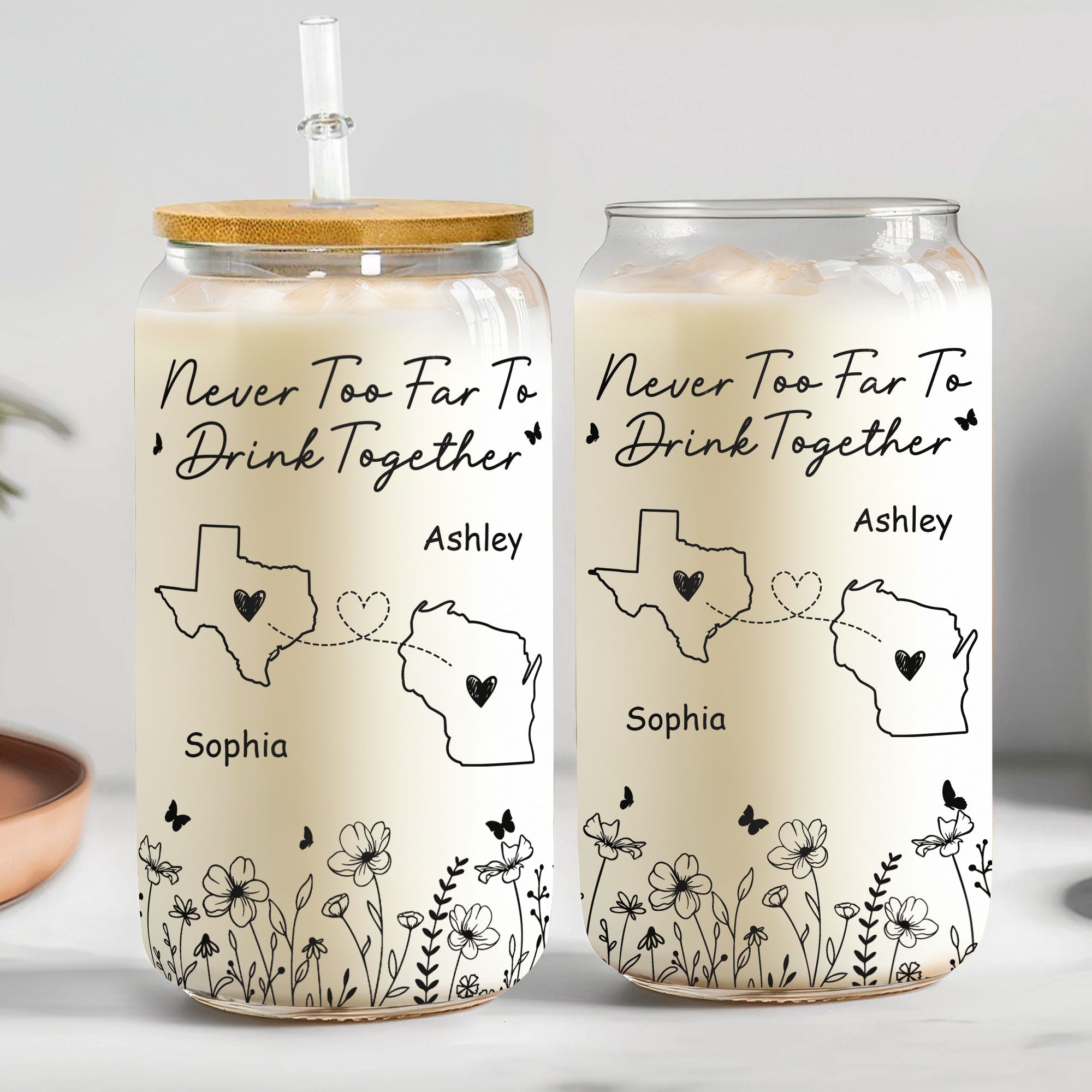 Never Too Far To Drink Together - Personalized Clear Glass Cup