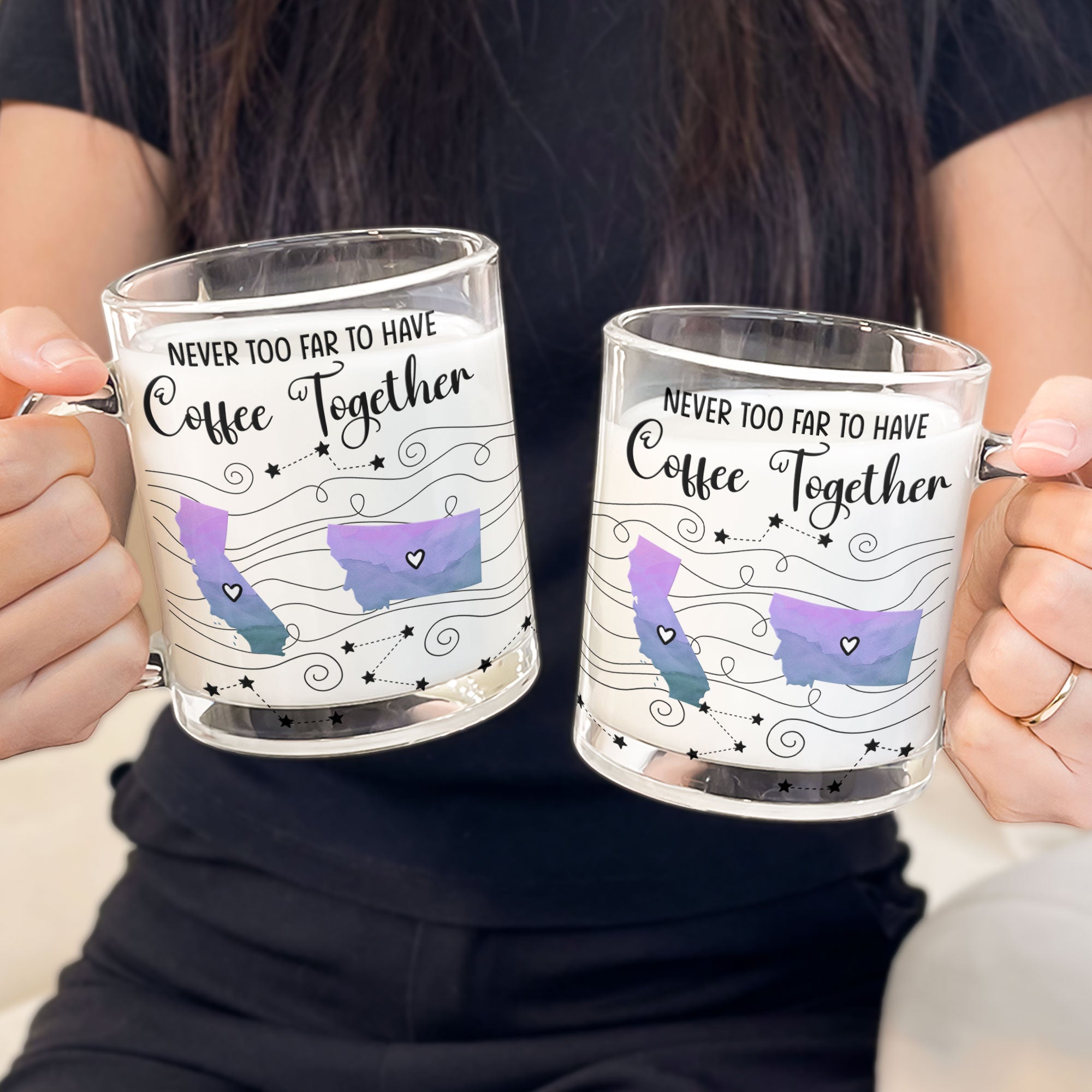 Never Too Far To Have Coffee/Tea Together Long Distance Gifts - Custom States - Personalized Glass Mug