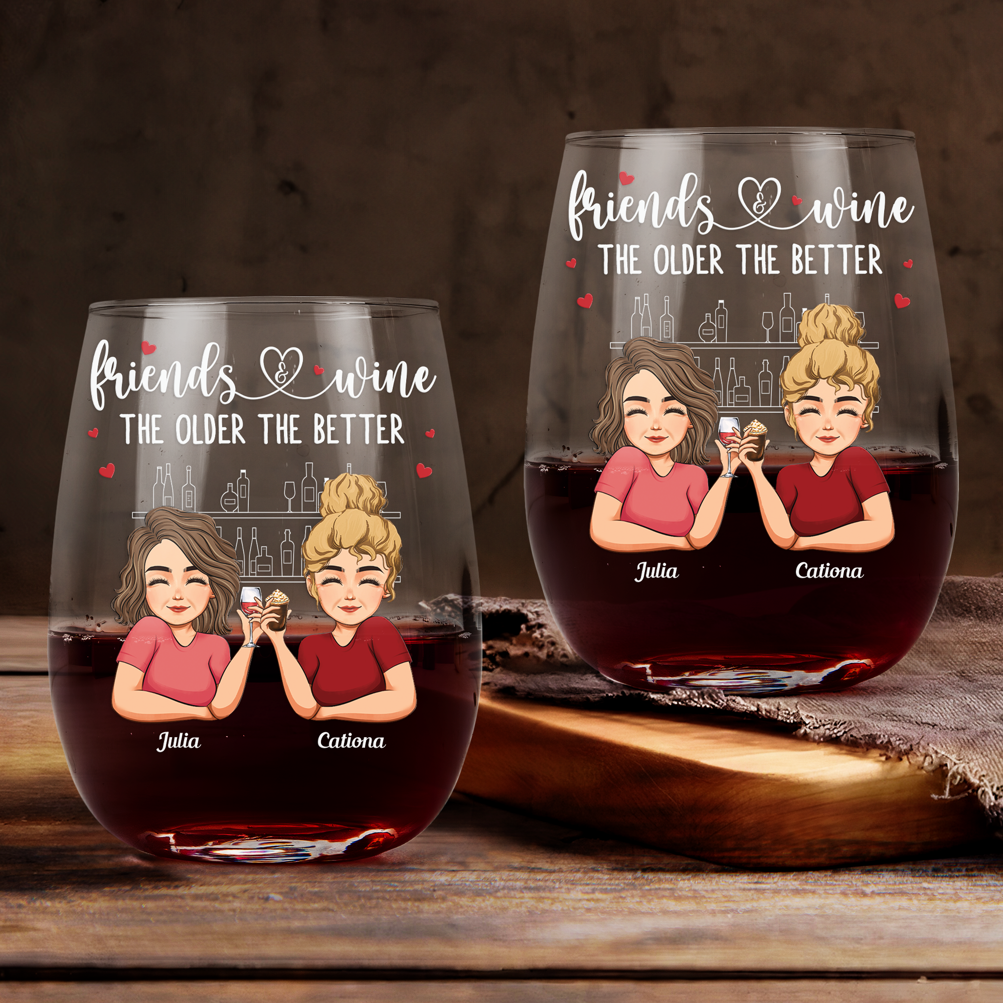 Never Too Far To Wine Together - Long Distance Besties, Sisters - Personalized Stemless Wine Glass