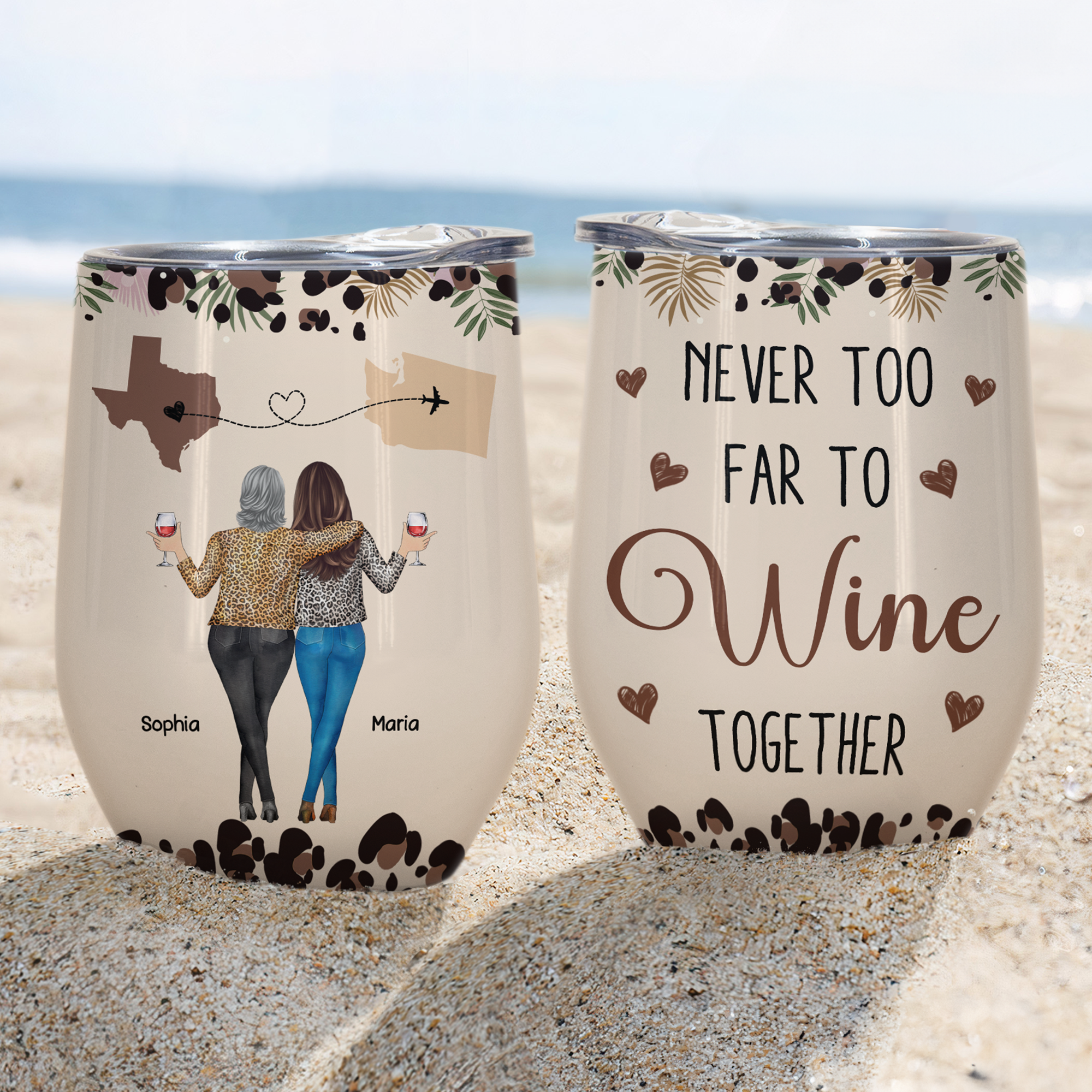 Never Too Far To Wine Together - Long Distance Gifts For Friends, Couples - Personalized Wine Tumbler