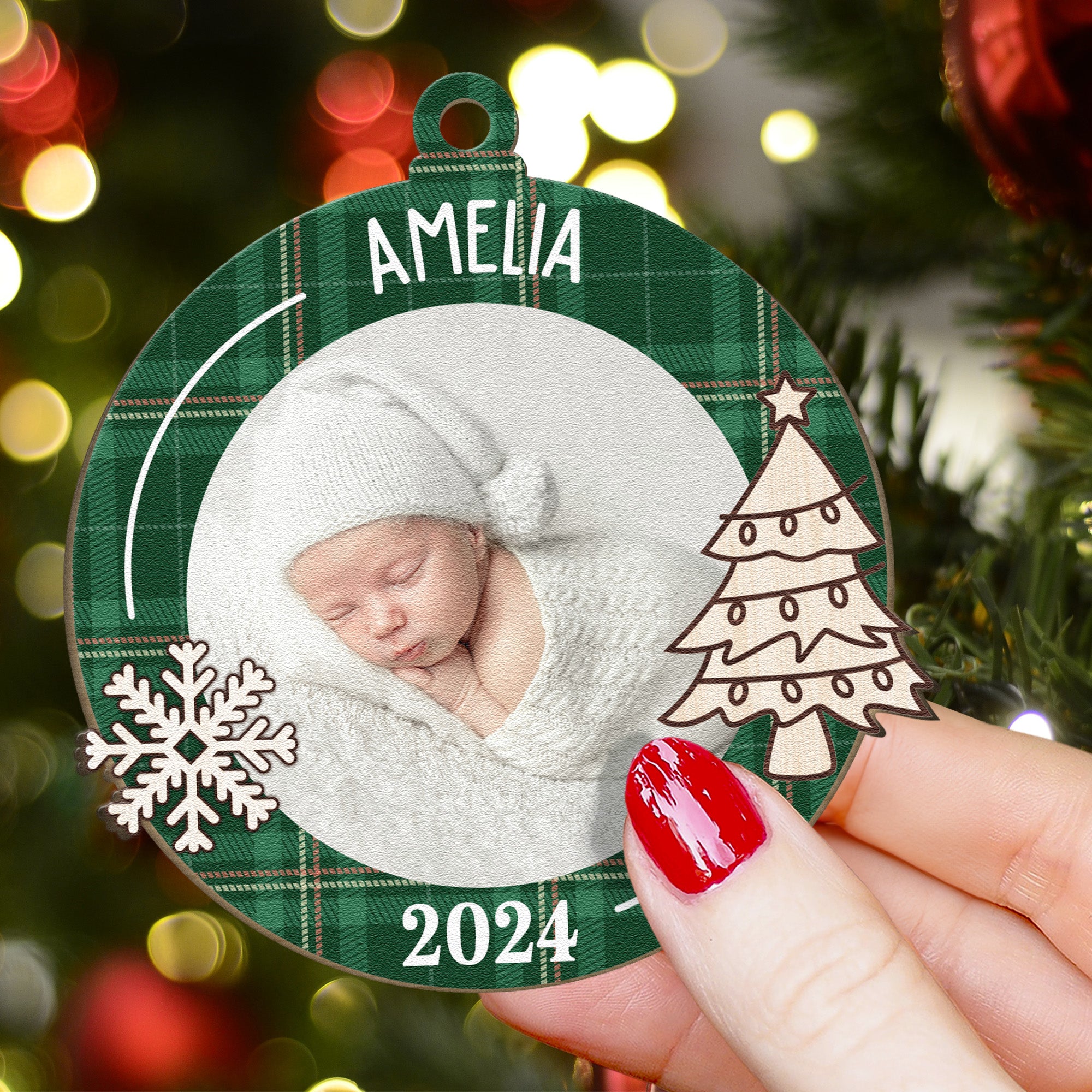 Newborn First Christmas Baby Gift - Personalized Wooden Photo Ornament