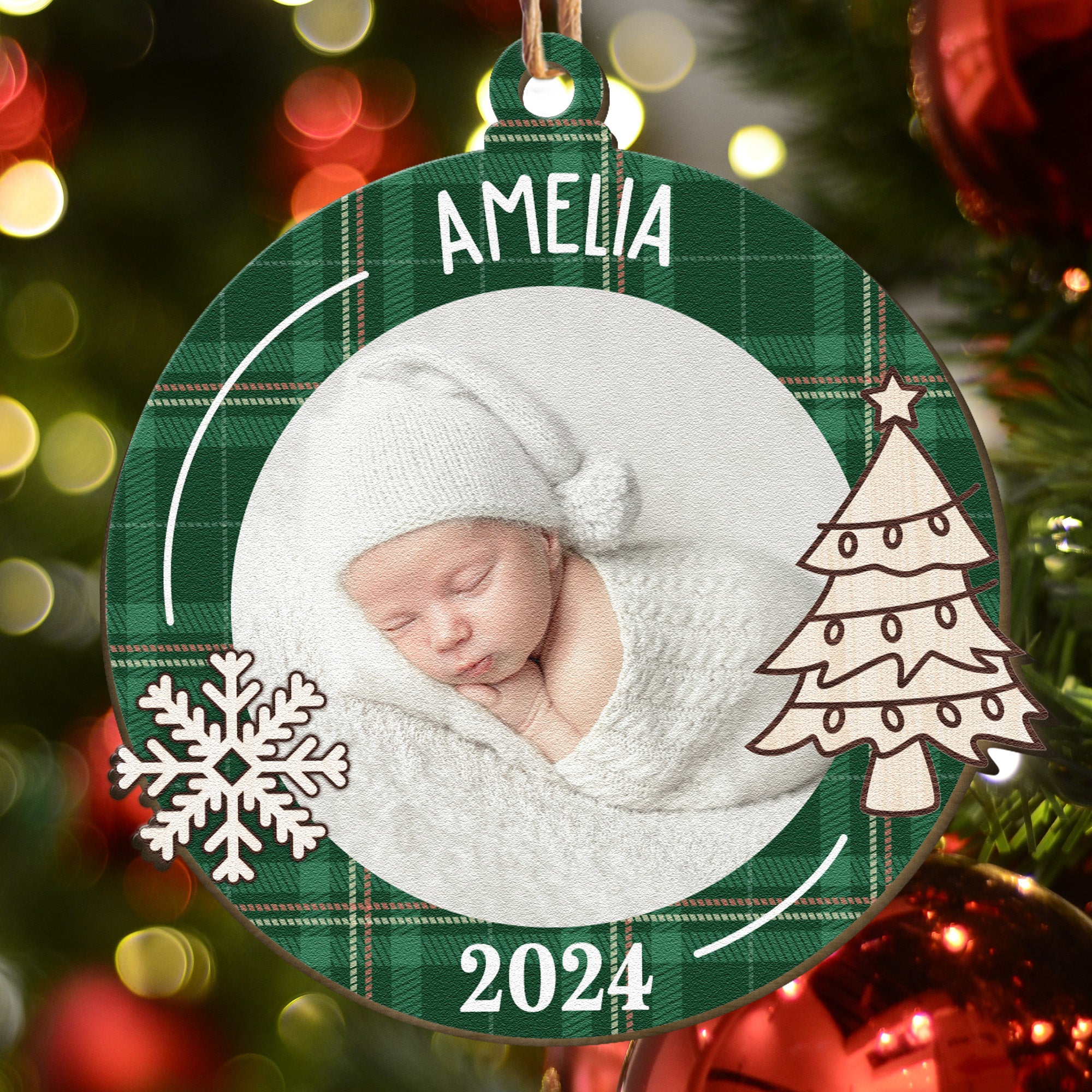 Newborn First Christmas Baby Gift - Personalized Wooden Photo Ornament