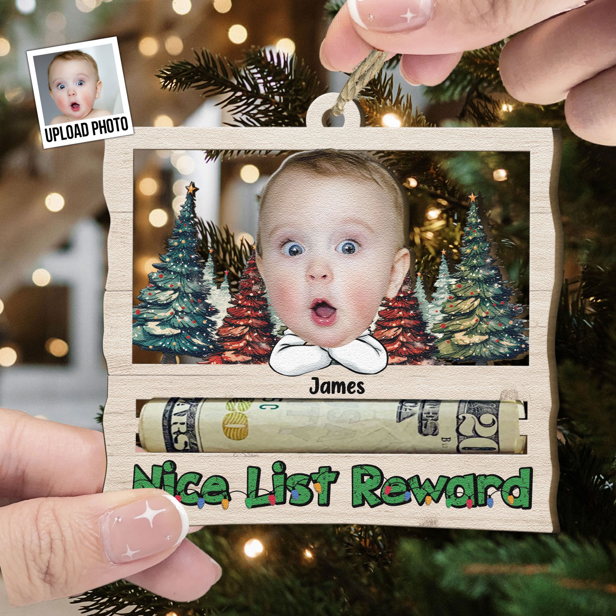 Nice List Reward Money Holder - Personalized Wooden Photo Ornament