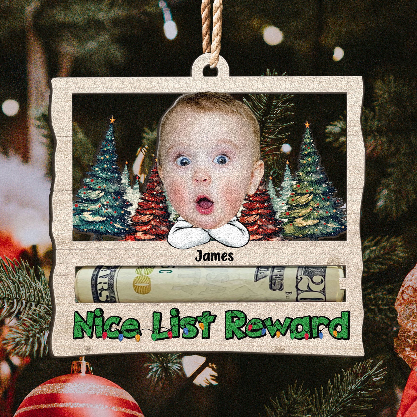 Nice List Reward Money Holder - Personalized Wooden Photo Ornament