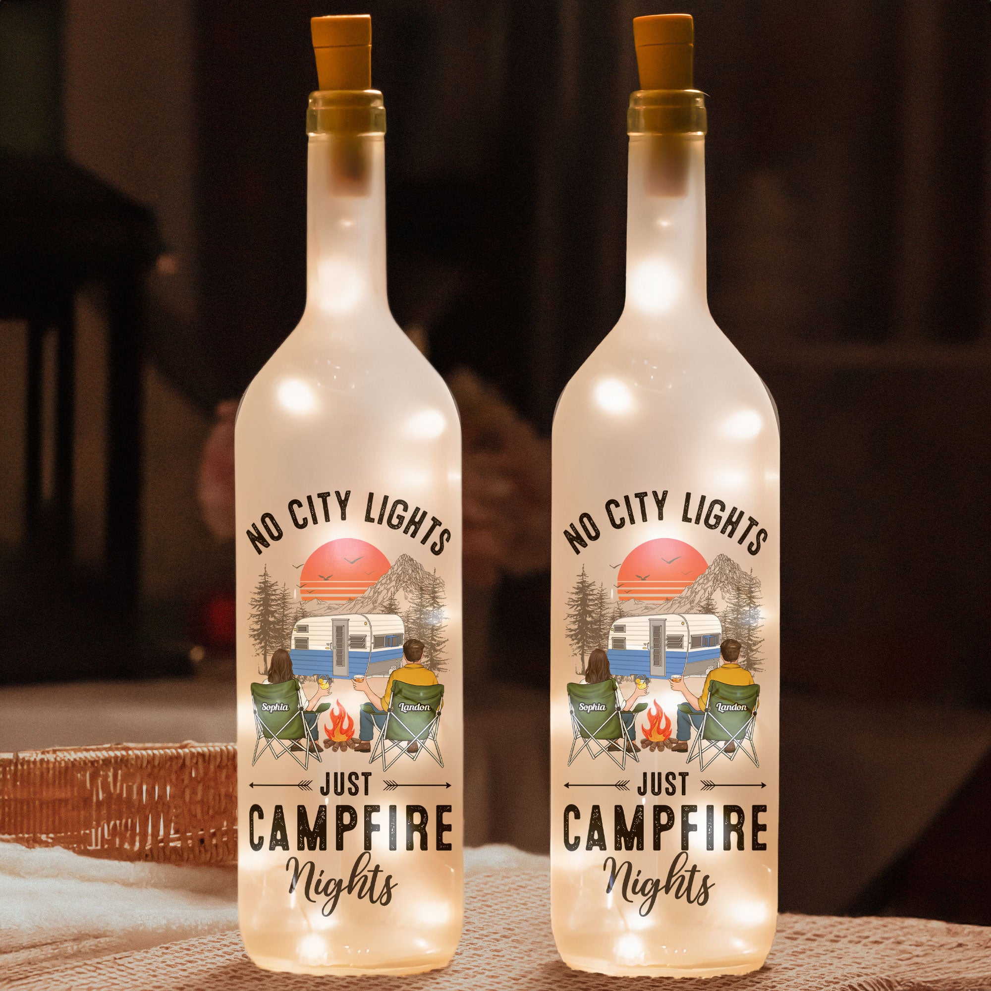 No City Lights Just Campfire Nights - Personalized Bottle Lamp