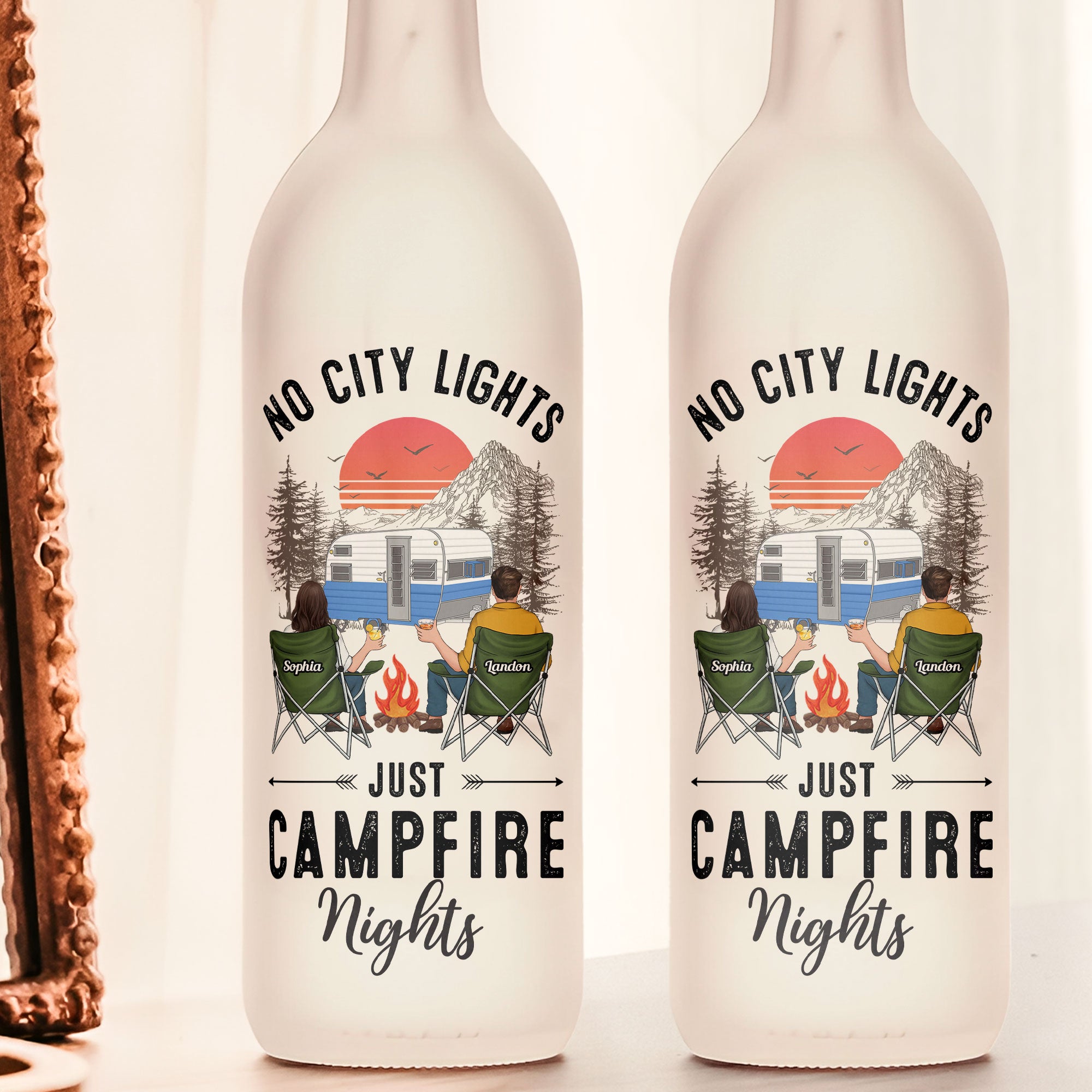 No City Lights Just Campfire Nights - Personalized Bottle Lamp