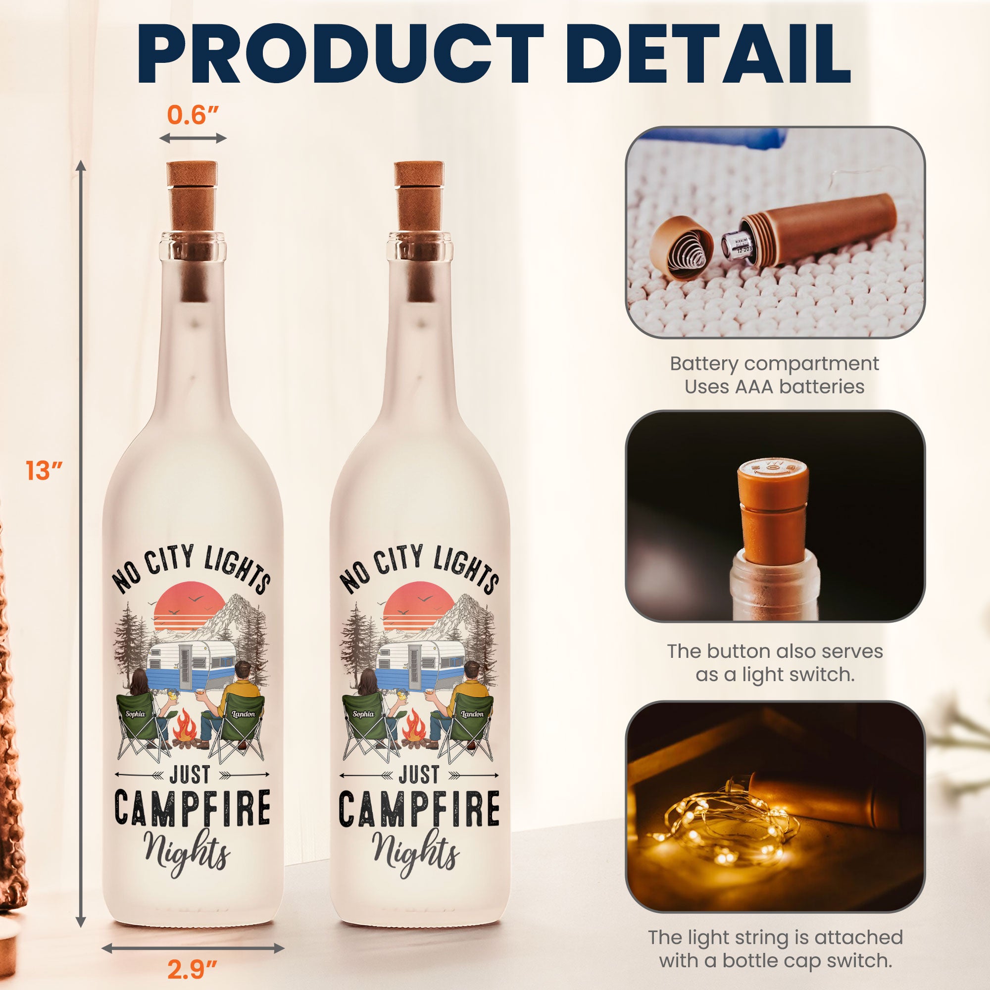 No City Lights Just Campfire Nights - Personalized Bottle Lamp