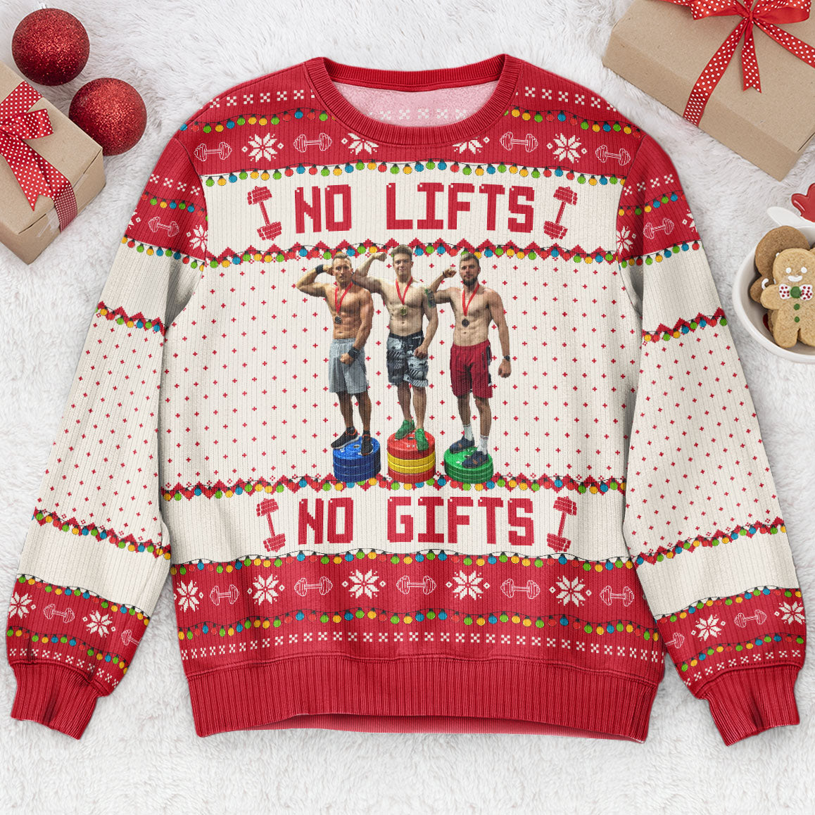 No Lifts No Gifts - Christmas Gifts For Fitness Team - Personalized Photo Ugly Sweater