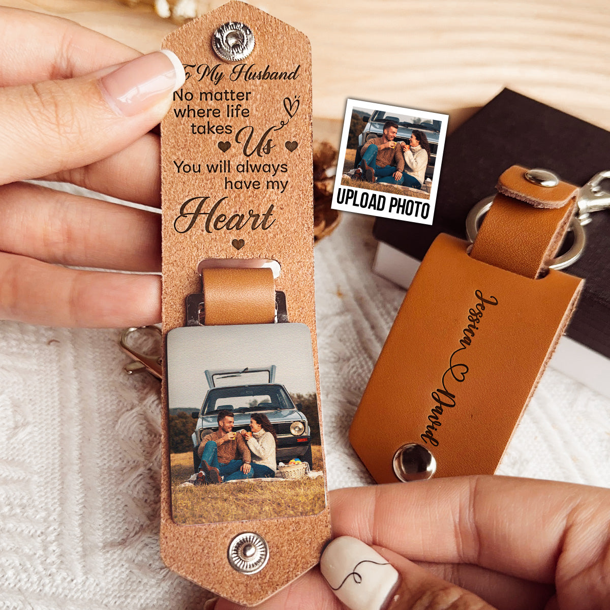 No Matter Where Life Takes Us - Personalized Leather Photo Keychain