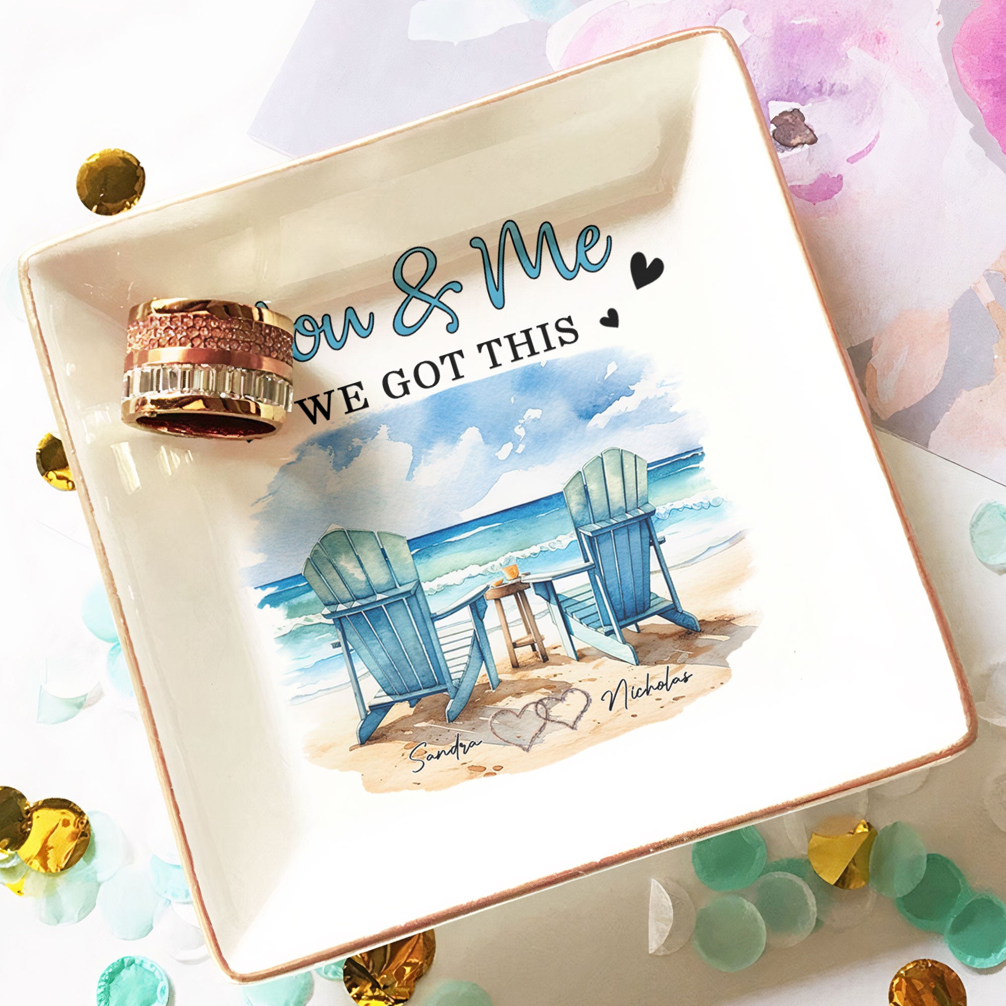 Ocean View Couple Beach Chairs You & Me We Got This - Personalized Jewelry Dish