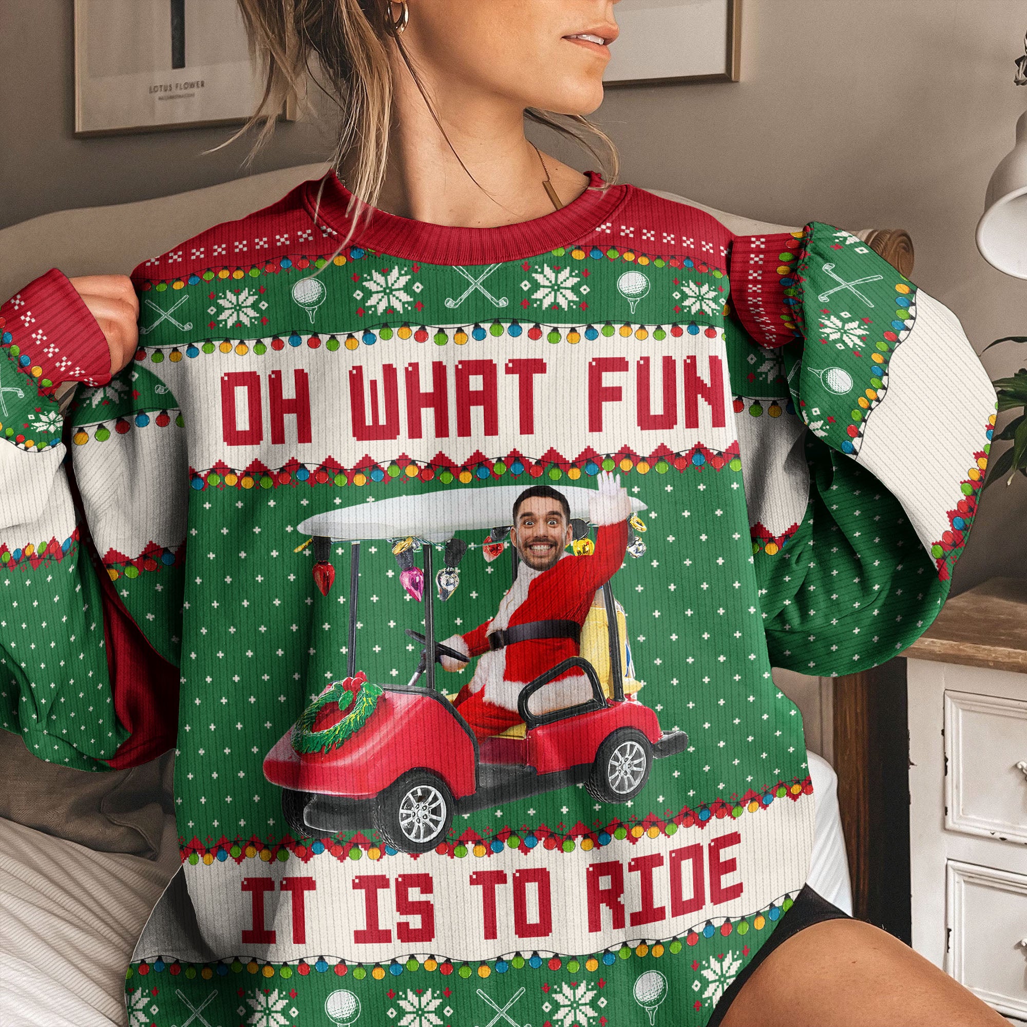 Oh What Fun It Is To Ride - Golfing Christmas Team - Personalized Photo Ugly Sweater