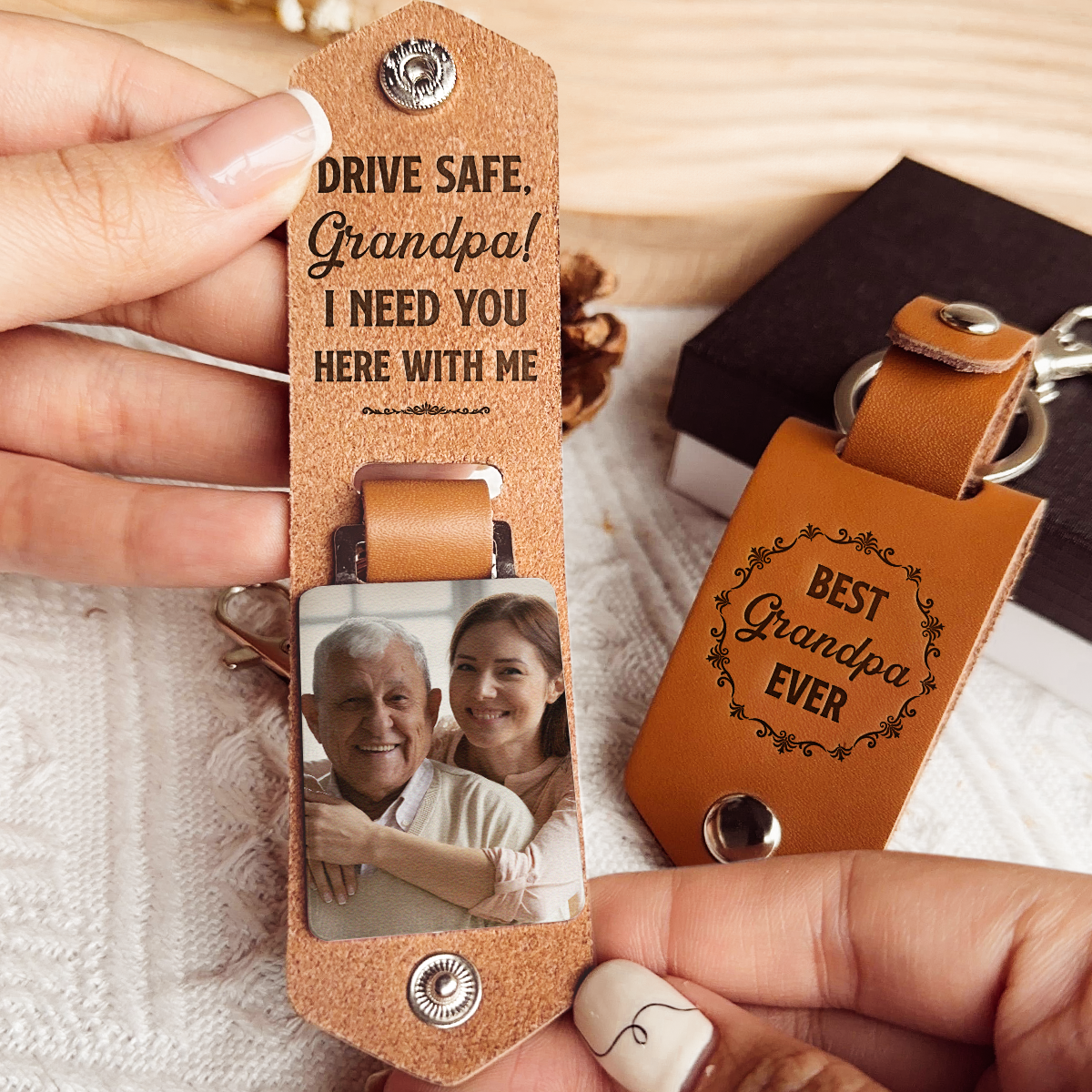 Only The Best Dads Get Promoted To Grandpa  - Personalized Leather Photo Keychain