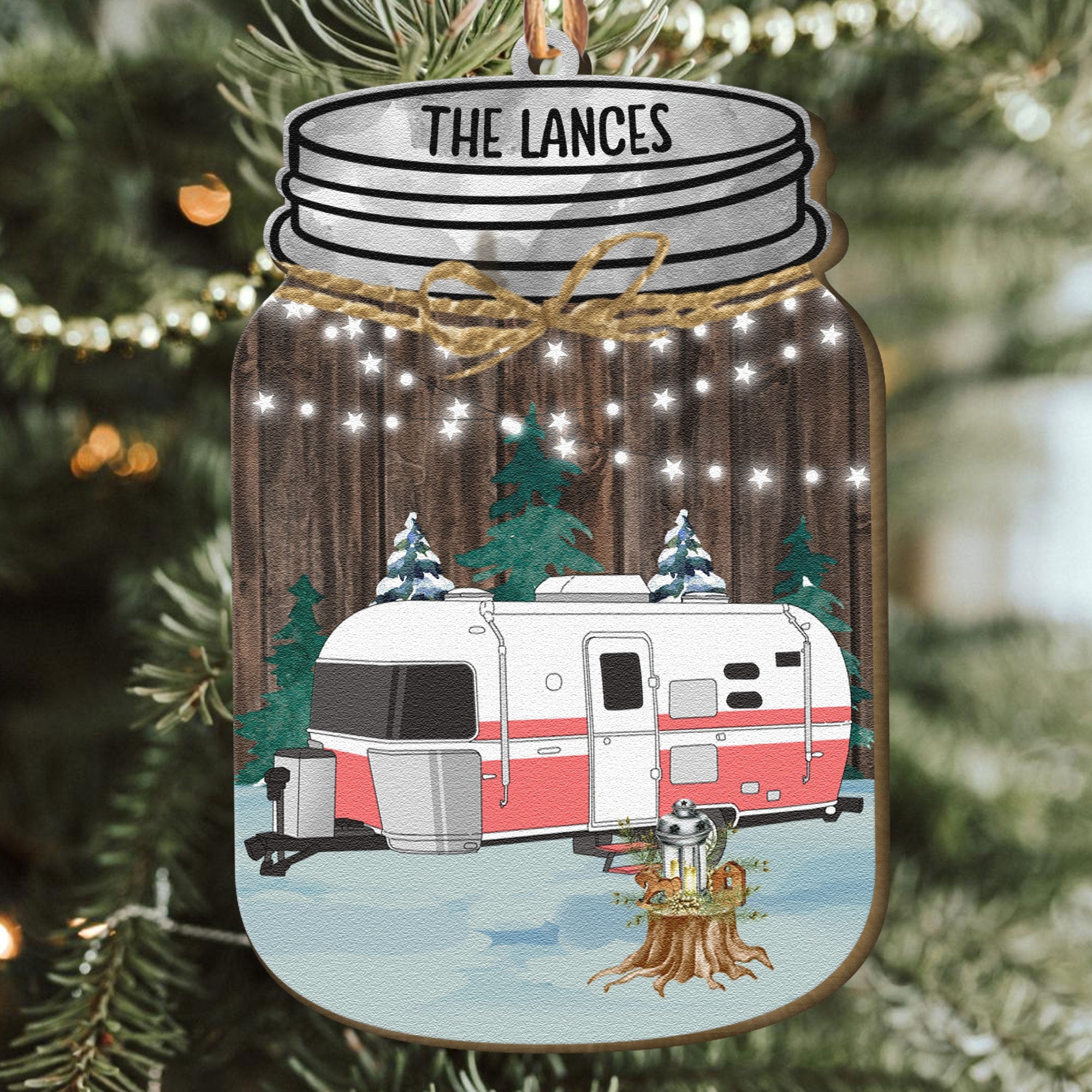 Our Camper - Personalized Mason Jar Shaped Wooden Ornament