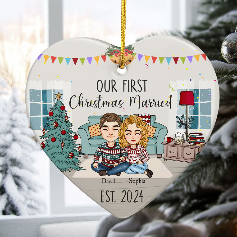 Our First Christmas Married - Personalized Heart Shaped Ceramic Ornament