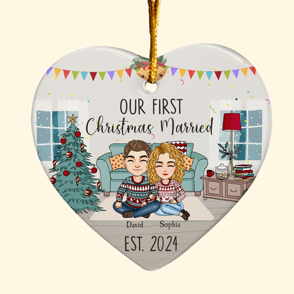 Our First Christmas Married - Personalized Heart Shaped Ceramic Ornament