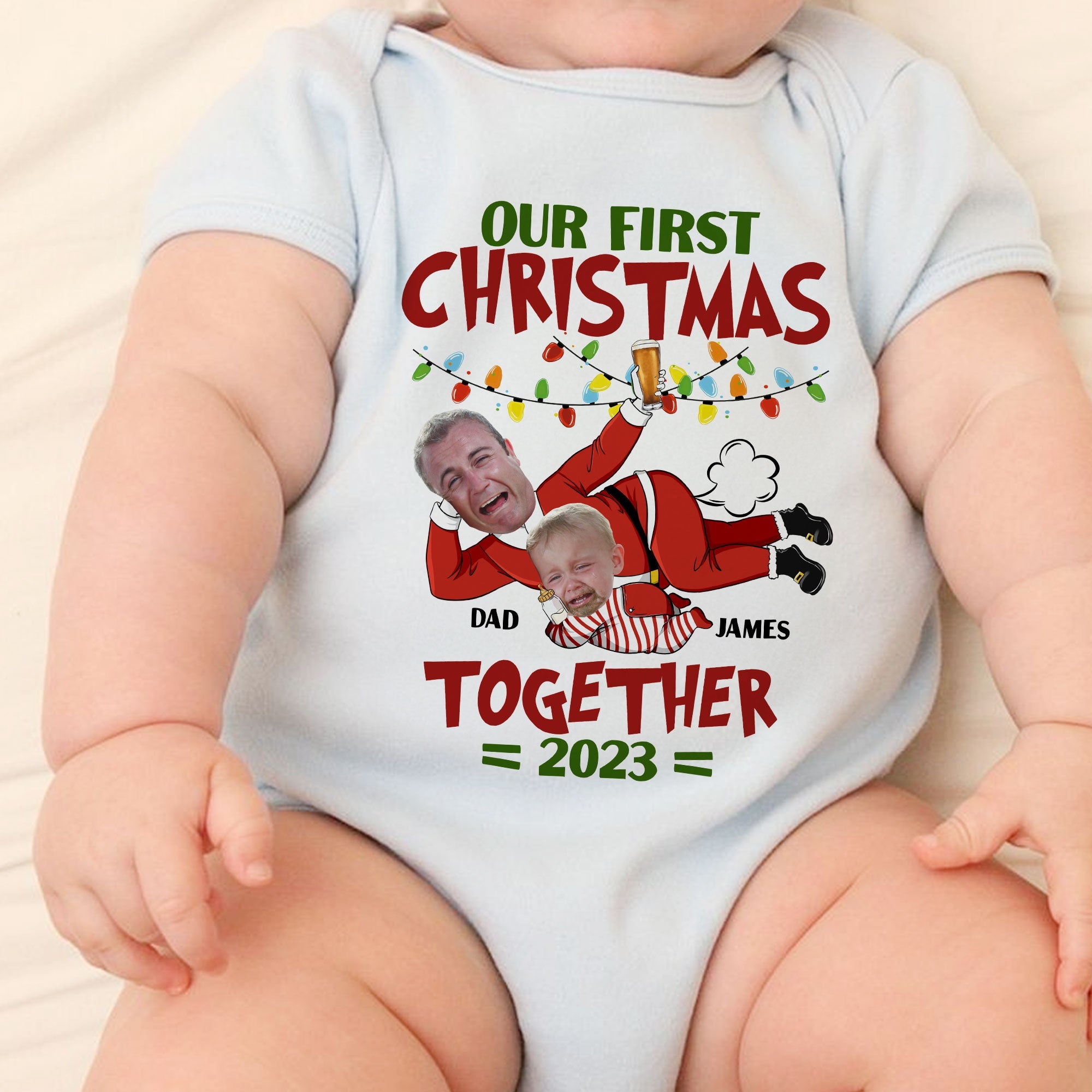 Our First Christmas Together - Personalized Photo Matching Shirt And Baby Onesie