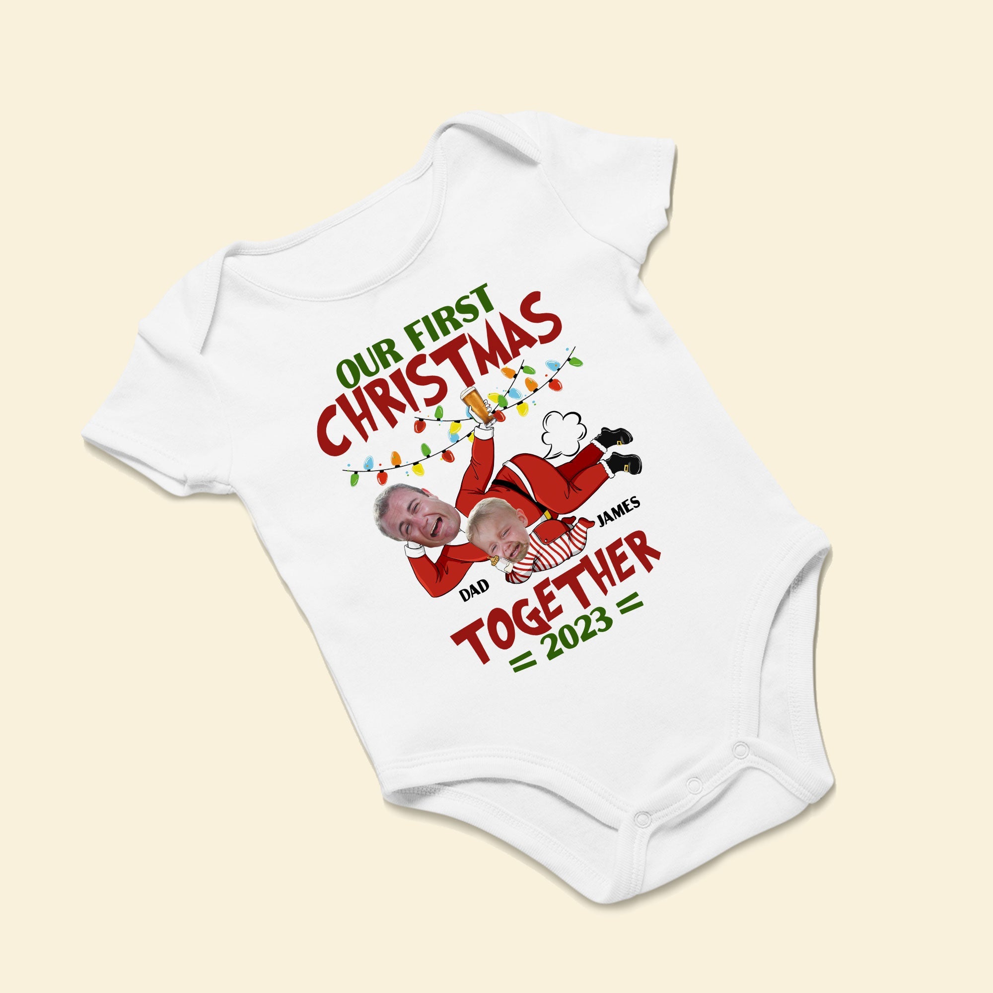 Our First Christmas Together - Personalized Photo Matching Shirt And Baby Onesie